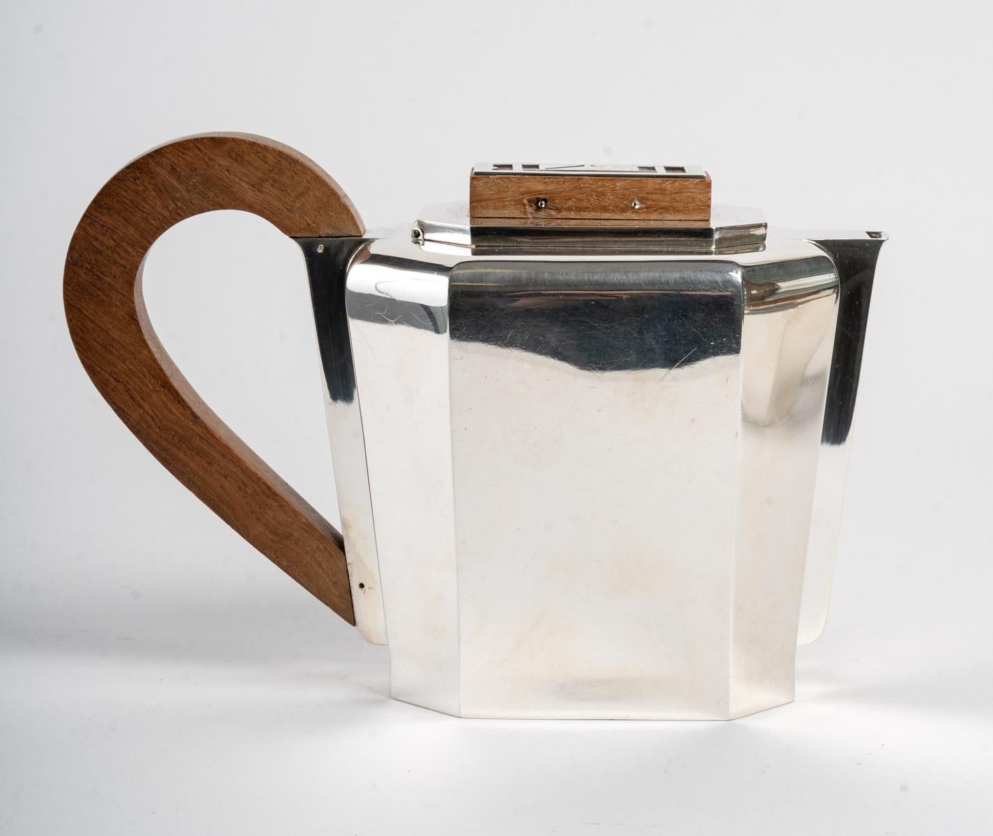 1937 Jean E. Puiforcat Art Deco Modernist Tea Coffee Set Sterling Silver Walnut For Sale 8