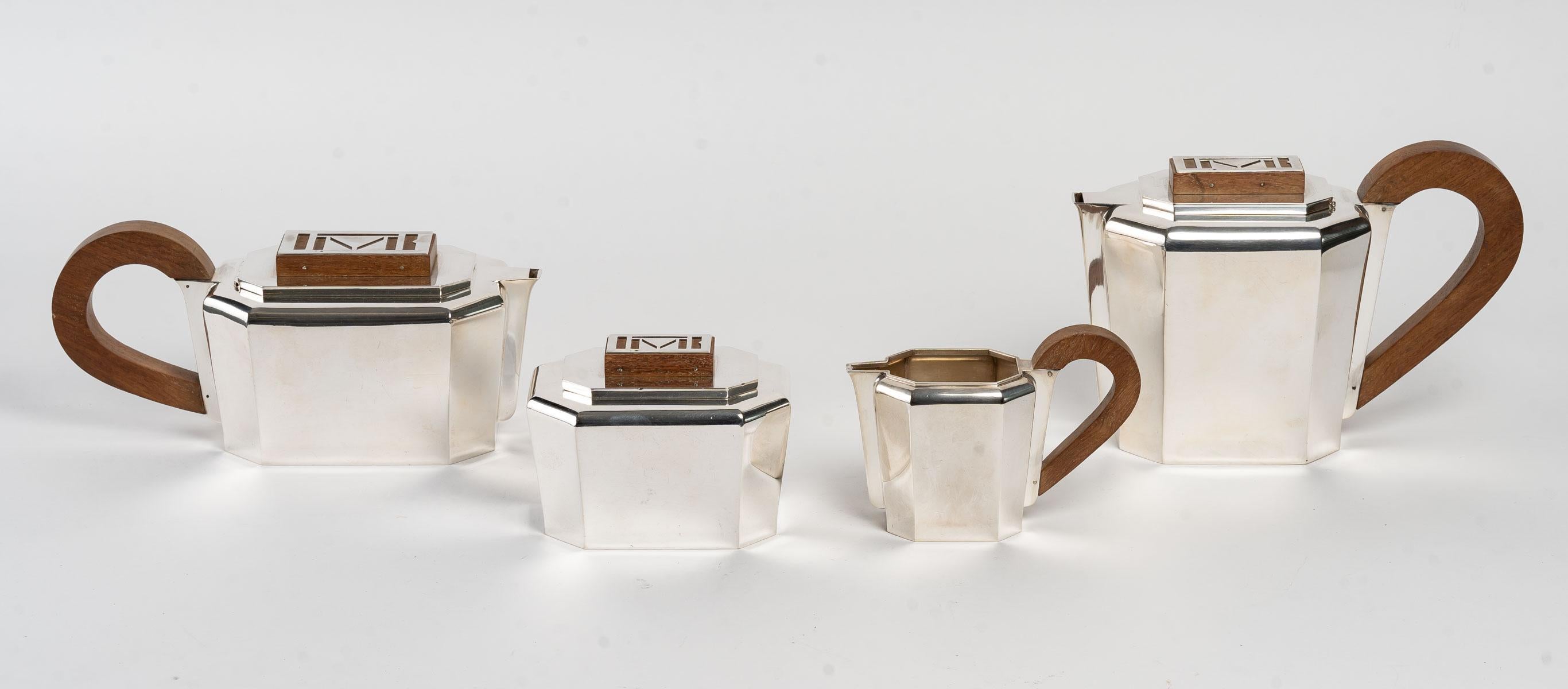 French 1937 Jean E. Puiforcat Art Deco Modernist Tea Coffee Set Sterling Silver Walnut For Sale