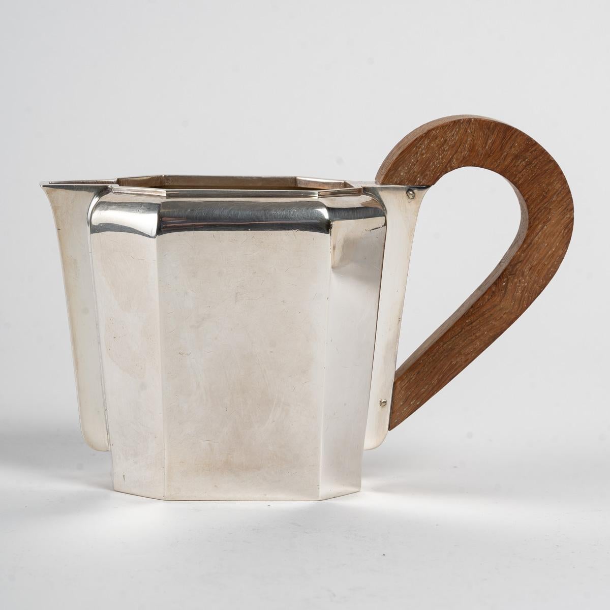 1937 Jean E. Puiforcat Art Deco Modernist Tea Coffee Set Sterling Silver Walnut en vente 1