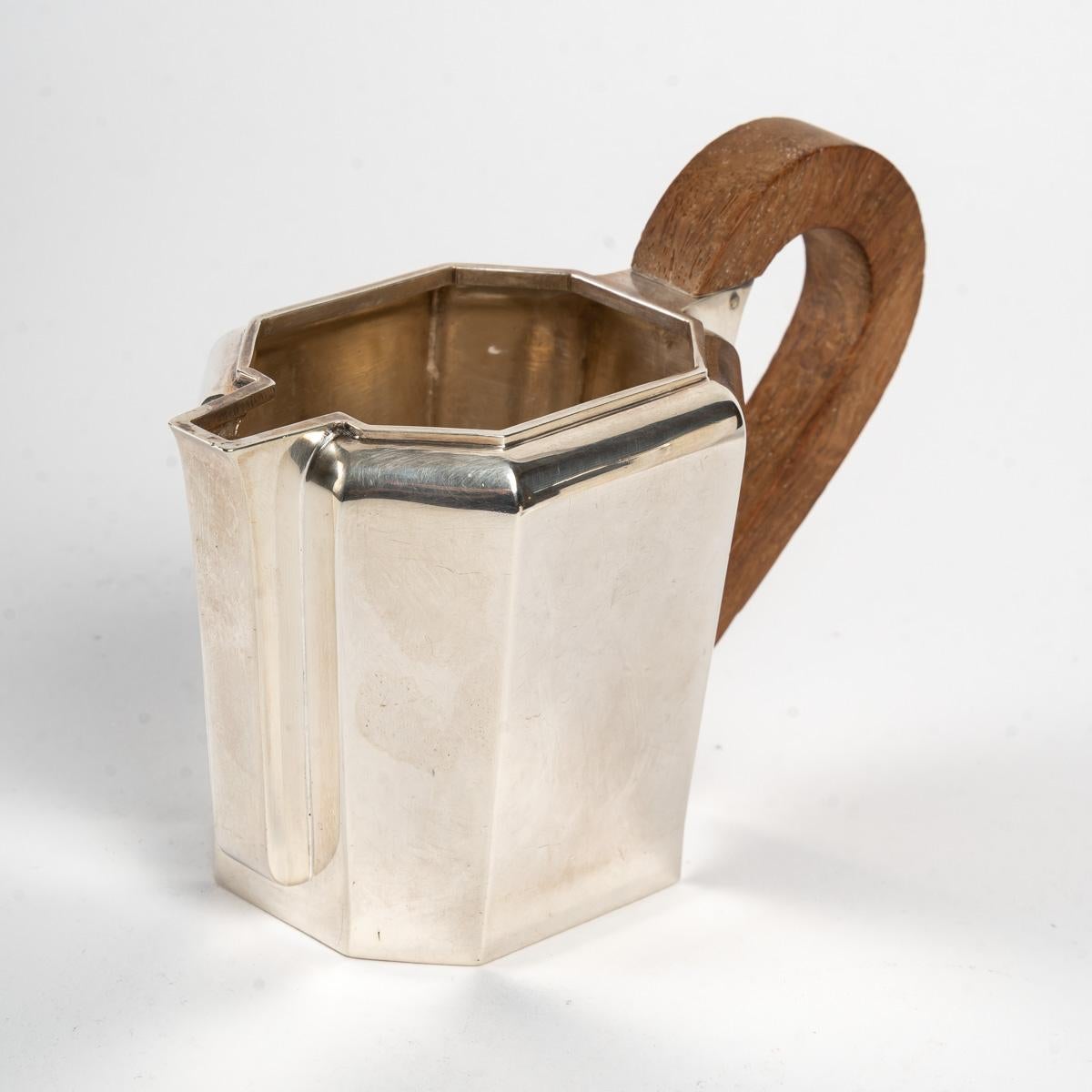 1937 Jean E. Puiforcat Art Deco Modernist Tea Coffee Set Sterling Silver Walnut For Sale 4
