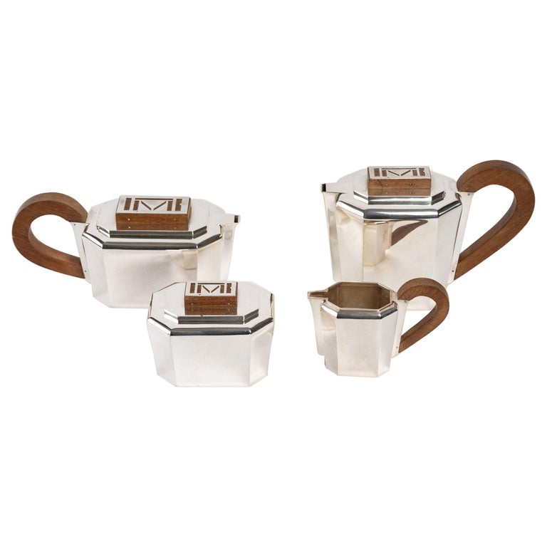 1937 Jean E. Puiforcat, Tea and Coffee Service in Sterling Silver and Walnut For Sale