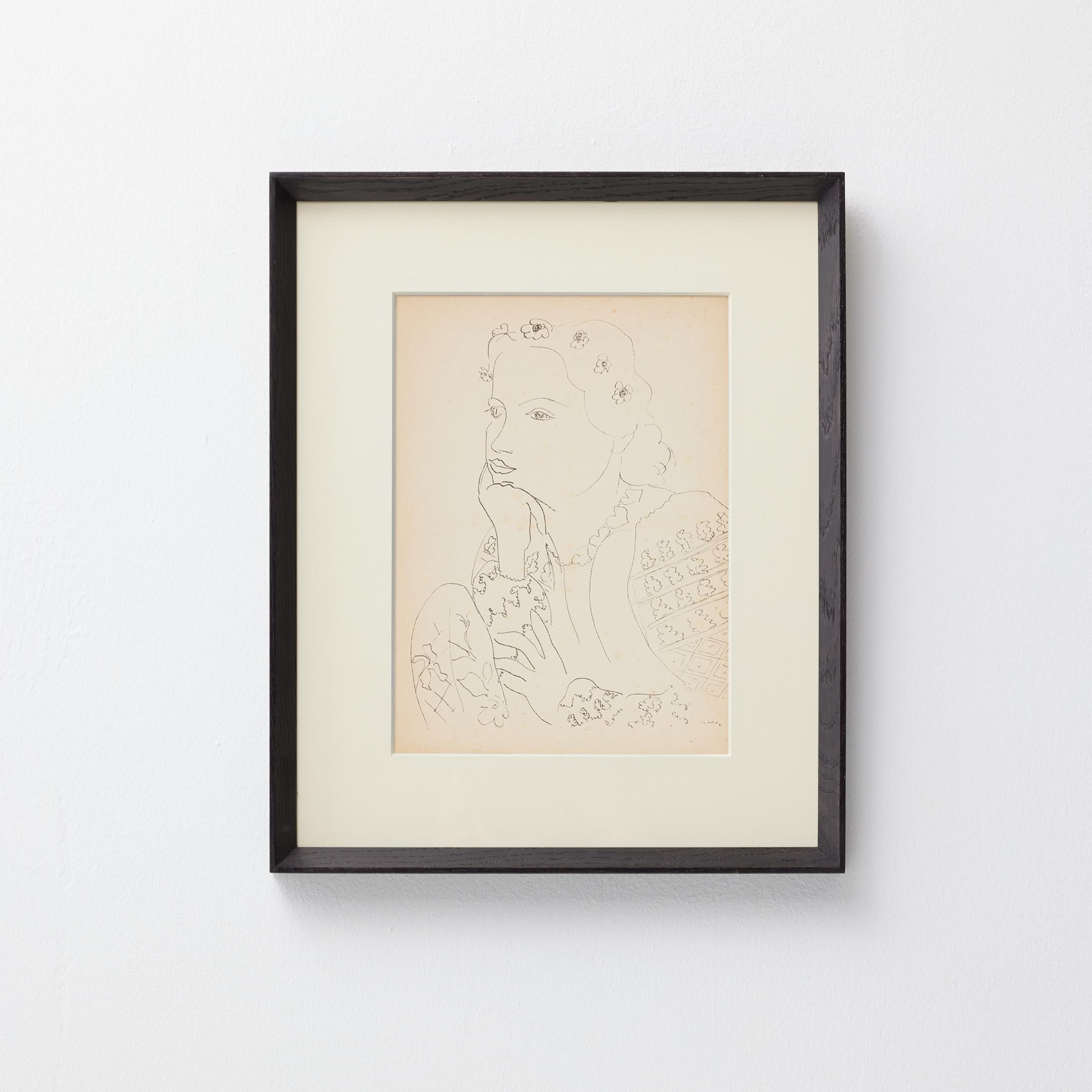 1937 Matisse Fine-Line Portrait — Heliogravure from Verve Vol. I, Museum-Framed

A feather-light stroke of genius. This 1937 heliogravure by Henri Matisse distils the elegance of a single continuous line into a poised female portrait that still