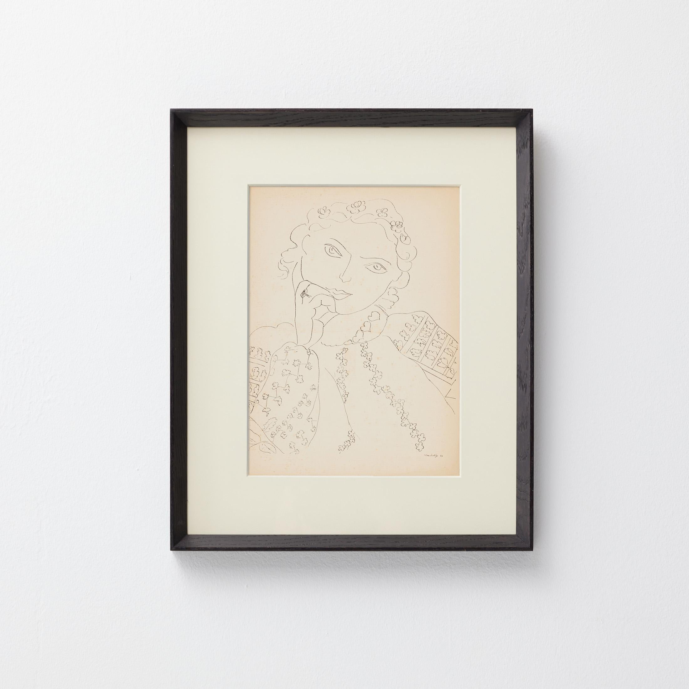 1937 Matisse Fine-Line Portrait II — Heliogravure from Verve Vol. I, Museum-Framed

A single, unbroken line brings an entire character to life. This 1937 heliogravure by Henri Matisse captures a poised, flower-crowned sitter whose tilted gaze and