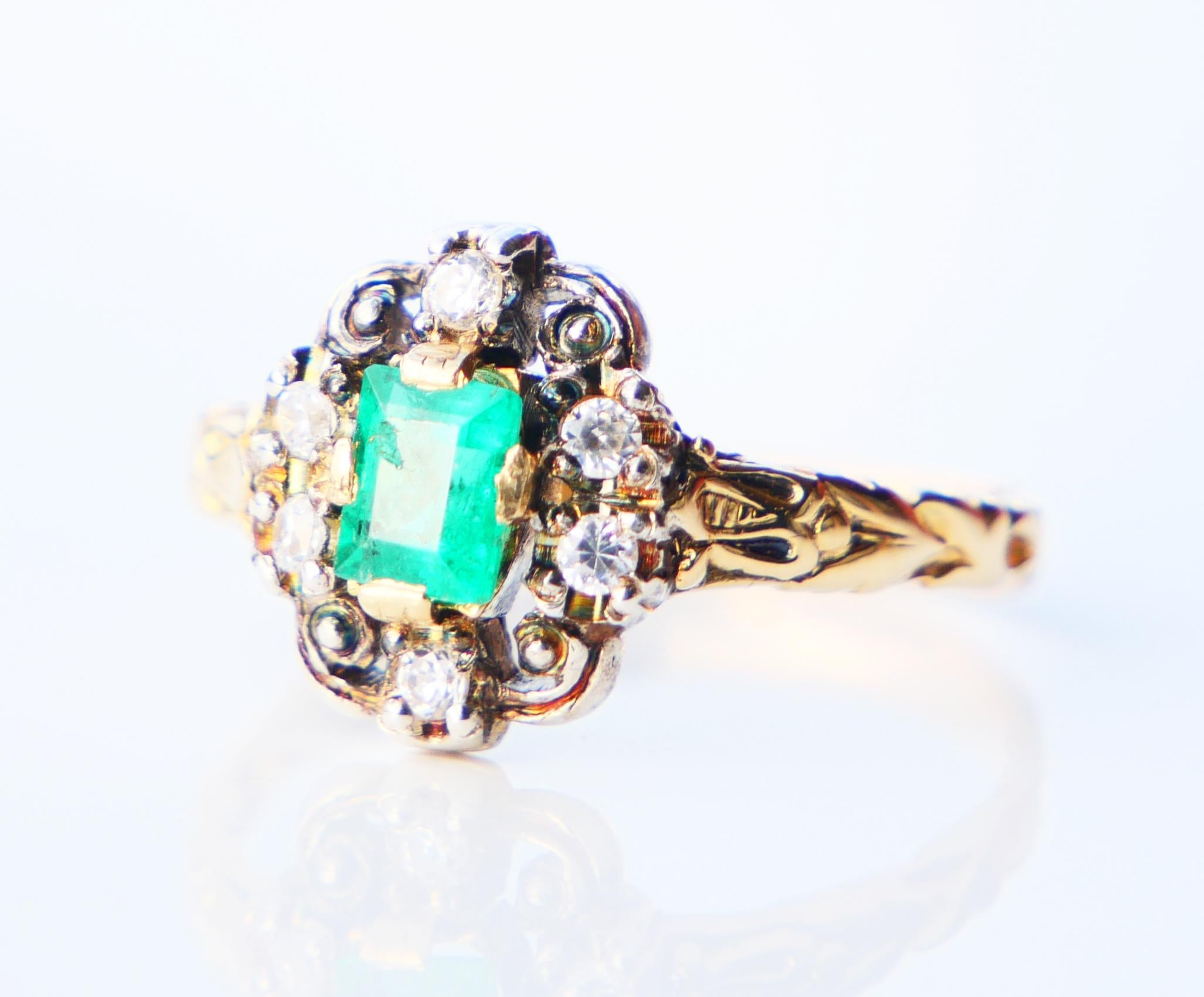 1937 Nordischer Ring Smaragd Diamanten massiv 18K Gold ØUS 7.75US / 3.75 gr im Angebot 4