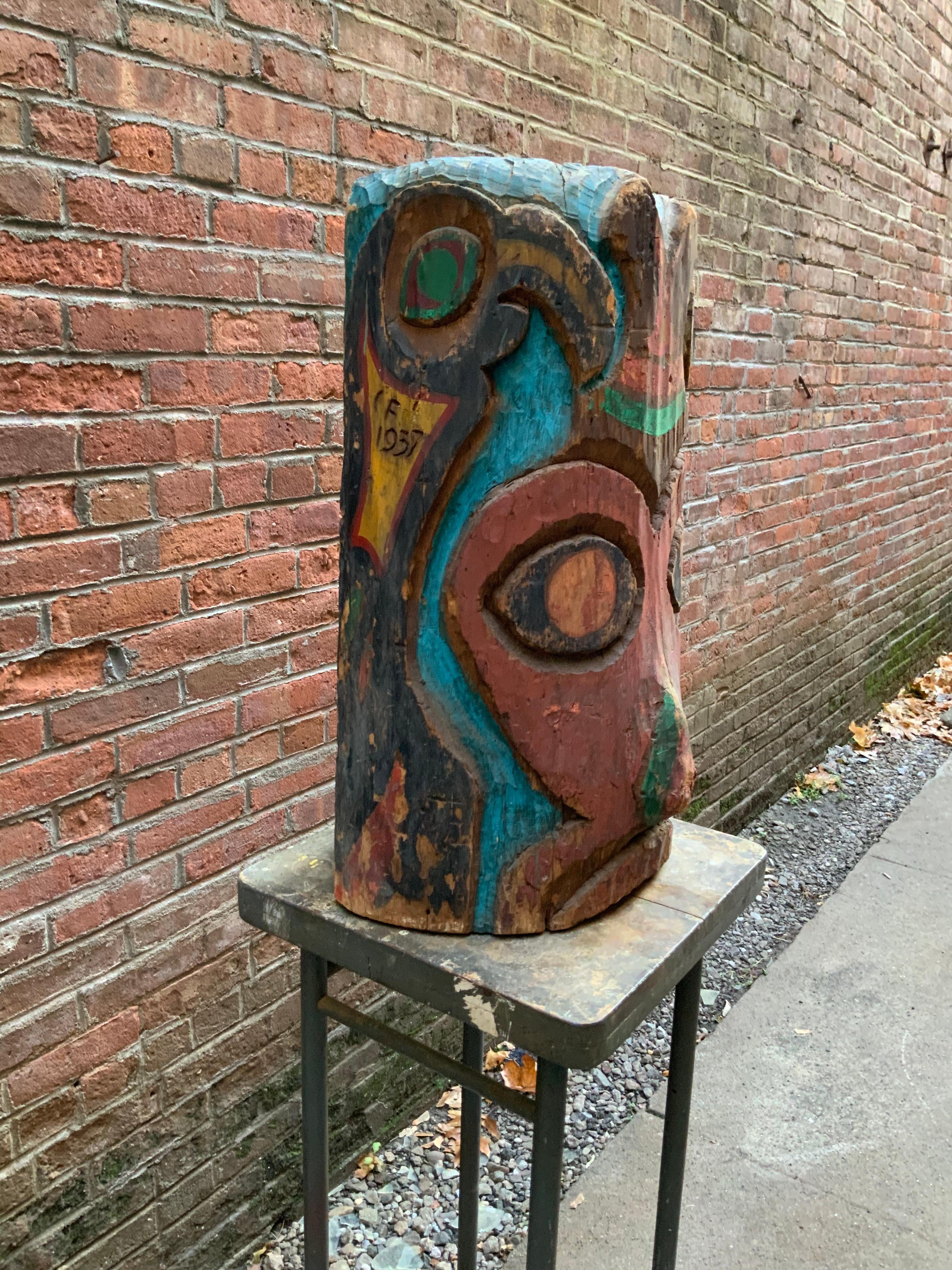 American 1937 Pacific Northwest Carved and Painted TOTEM