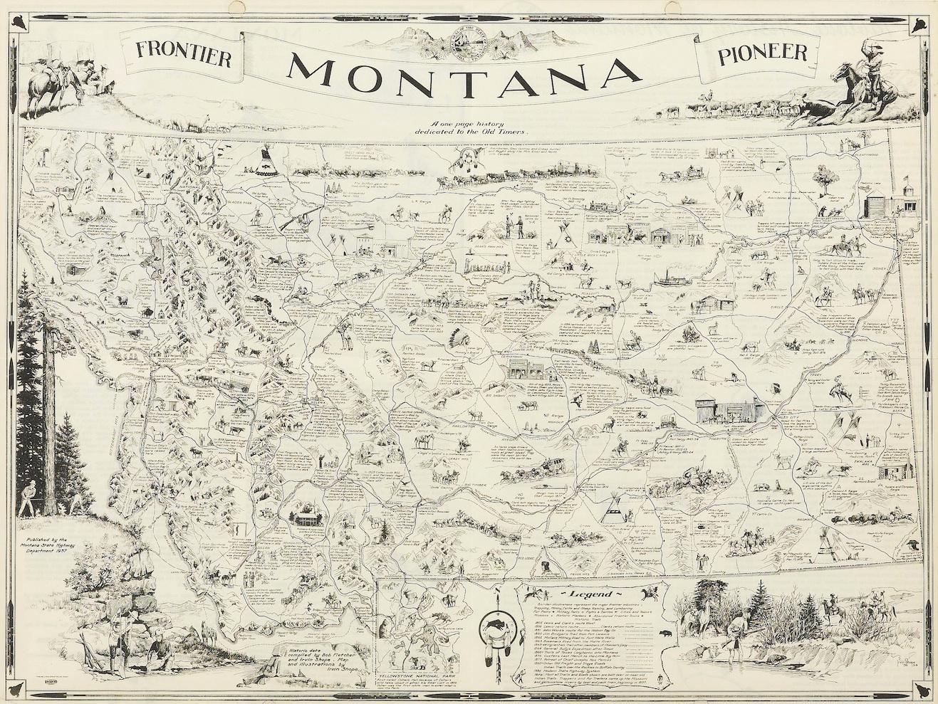 1937 Pictorial Map of Montana by Irvin Shope In Good Condition In Colorado Springs, CO