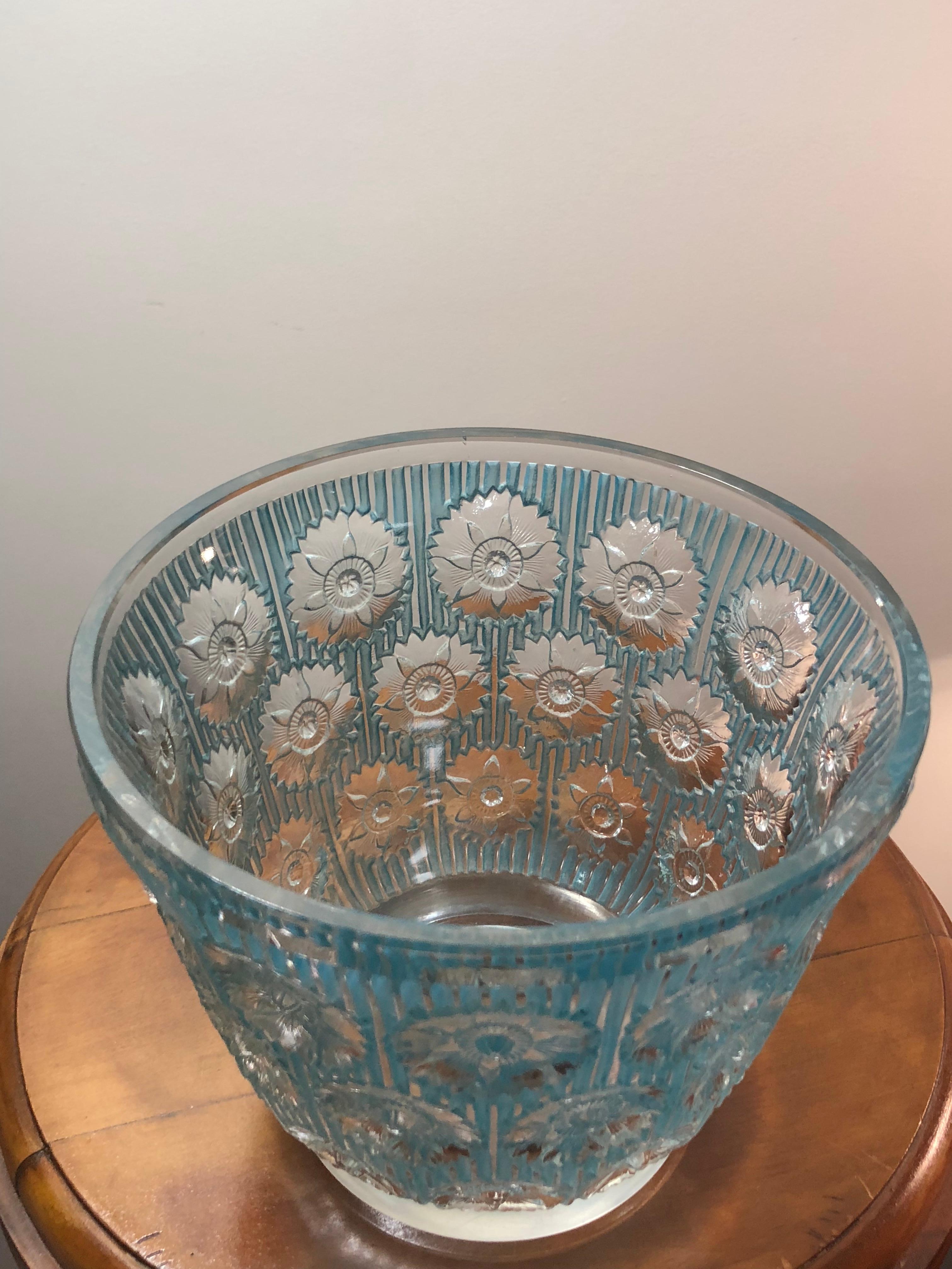 Art Deco 1937 René Lalique Edelweiss Vase in Frosted and Blue Stained Glass, Flowers