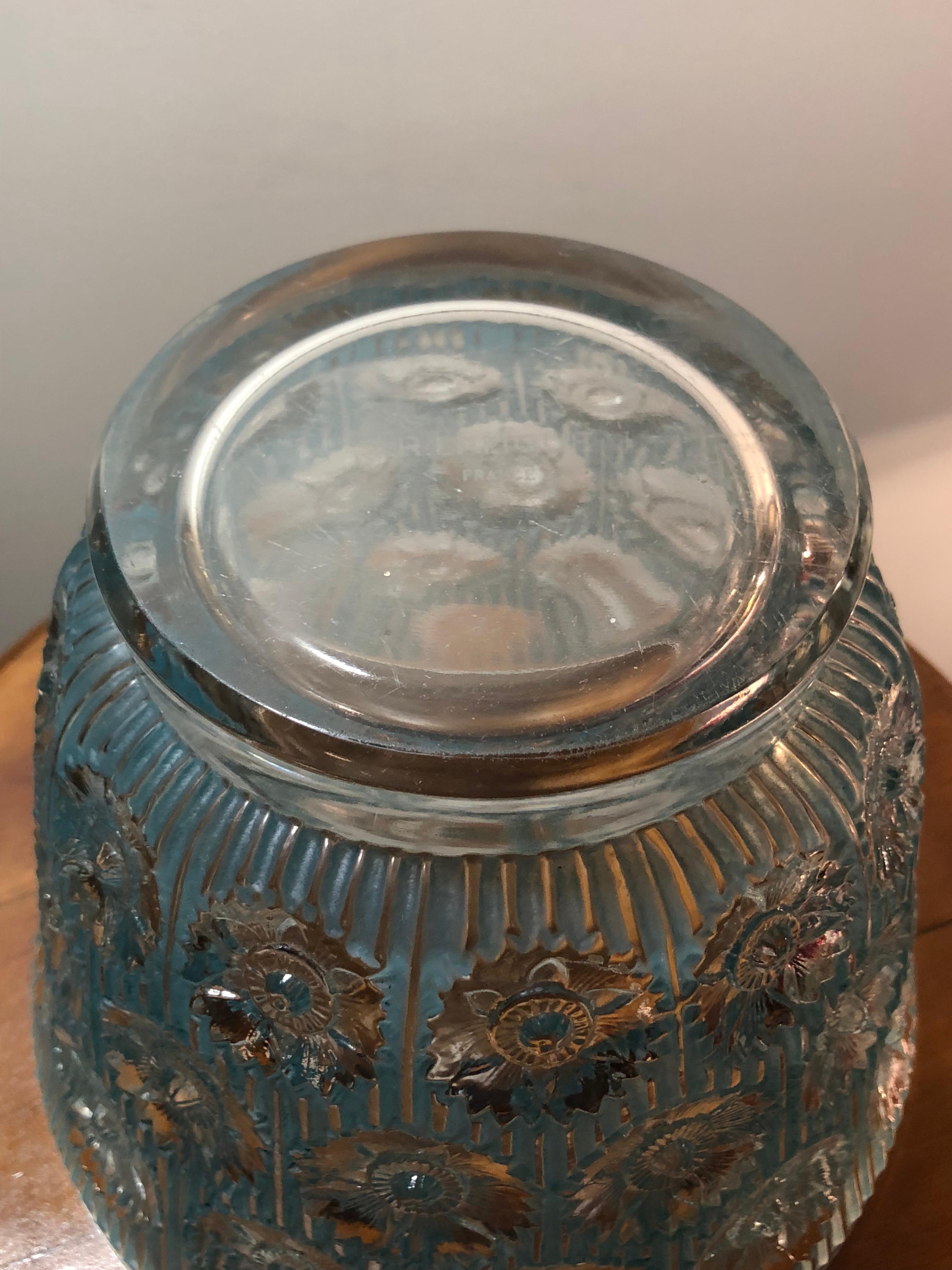 French 1937 René Lalique Edelweiss Vase in Frosted and Blue Stained Glass, Flowers