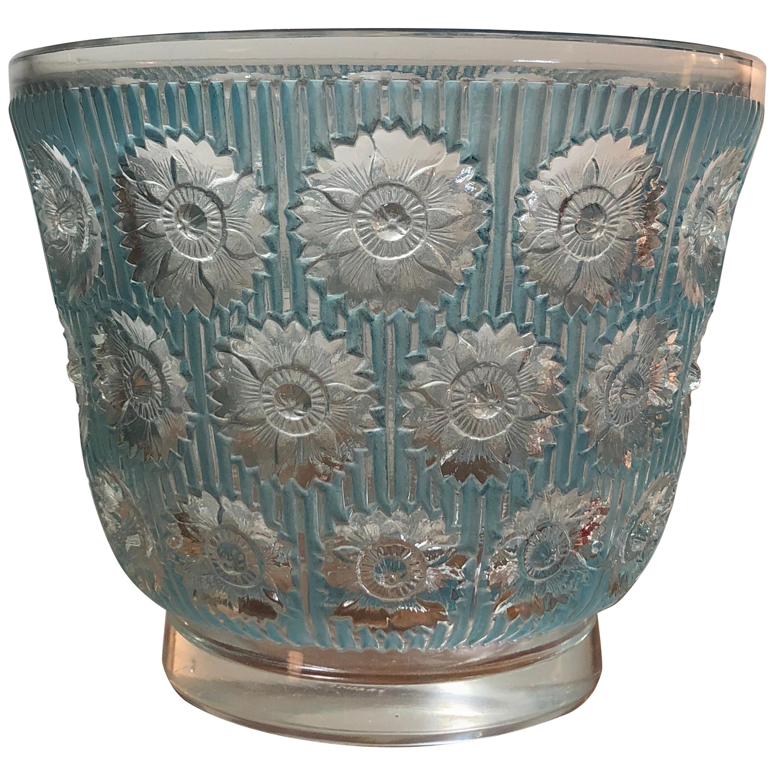 1937 René Lalique Edelweiss Vase in Frosted and Blue Stained Glass, Flowers
