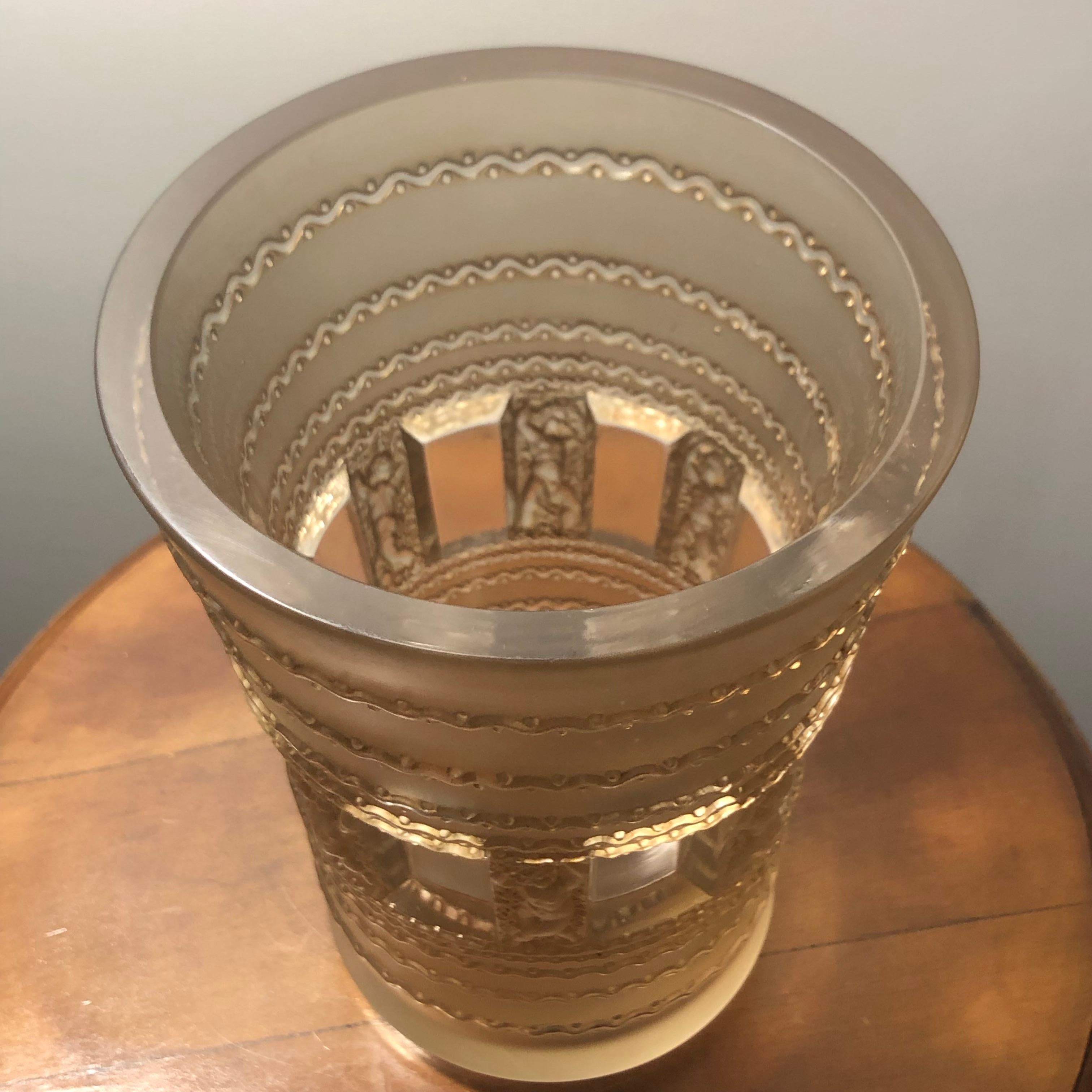 Art Deco 1937 René Lalique Florence Vase in Frosted Glass with Sepia Stain, Cherubs
