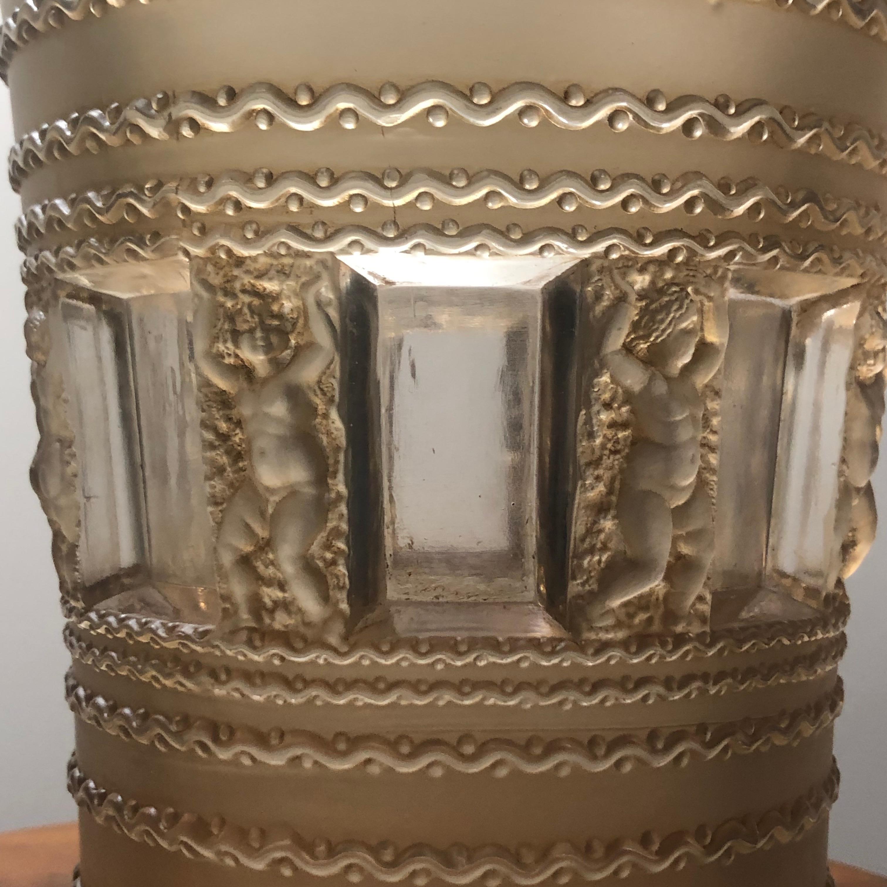 French 1937 René Lalique Florence Vase in Frosted Glass with Sepia Stain, Cherubs