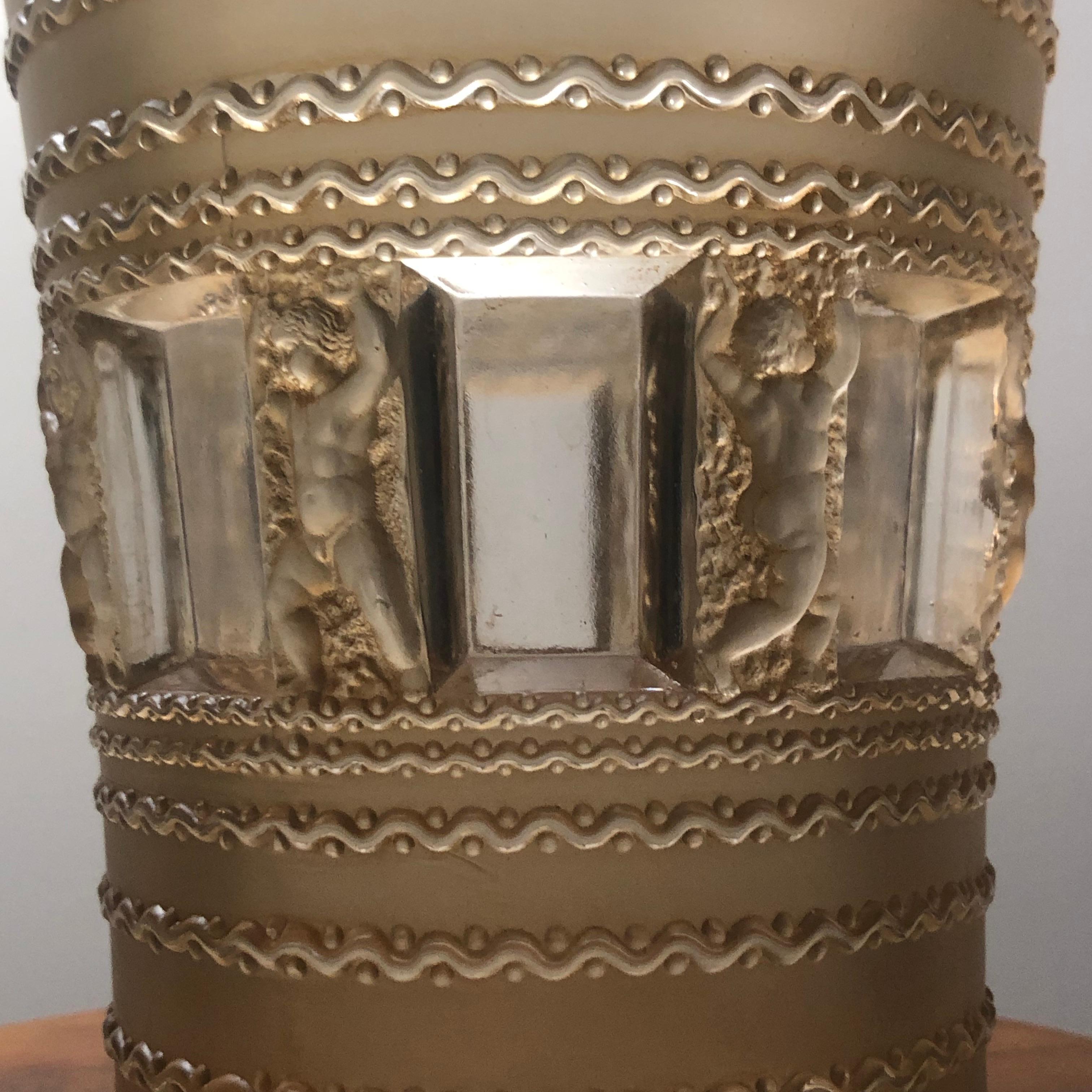 Molded 1937 René Lalique Florence Vase in Frosted Glass with Sepia Stain, Cherubs