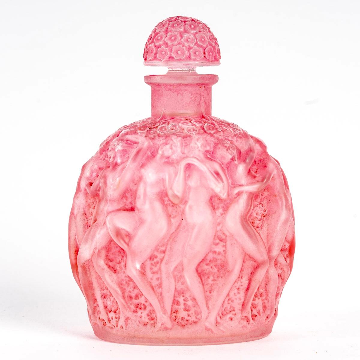Molded 1937 Rene Lalique Perfume Bottle Calendal for Molinard Frosted Glass Pink Patina