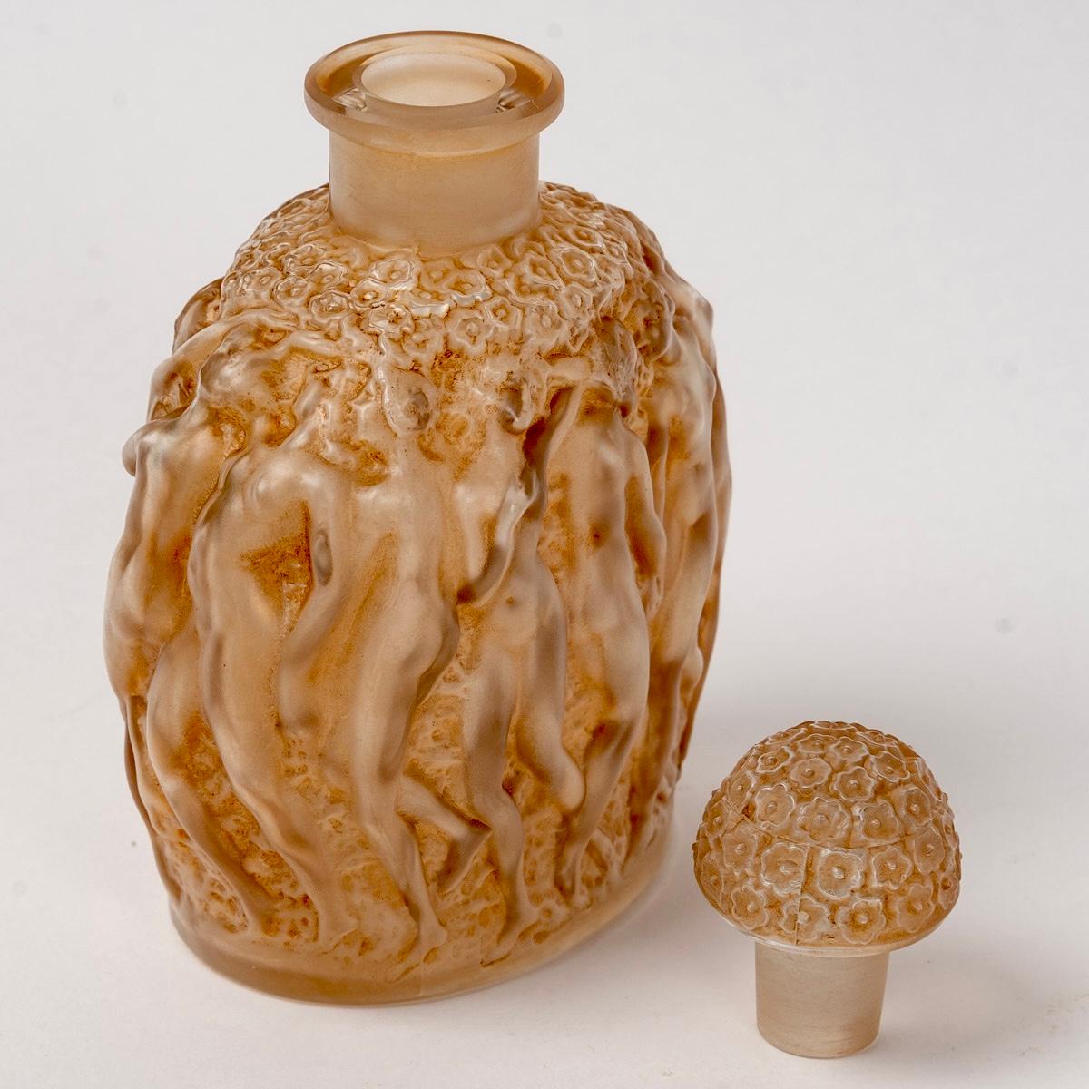 Art Deco 1937 Rene Lalique Perfume Bottle Calendal for Molinard Glass Sepia Patina For Sale