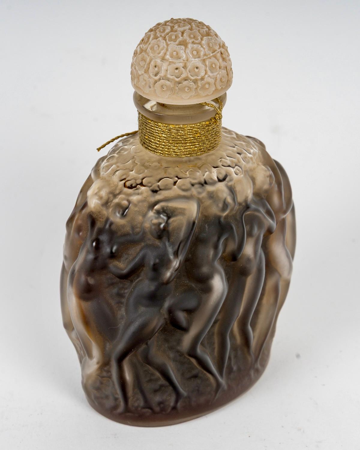 Art Deco 1937 Rene Lalique Perfume Bottle Calendal for Molinard Glass Sepia Patina