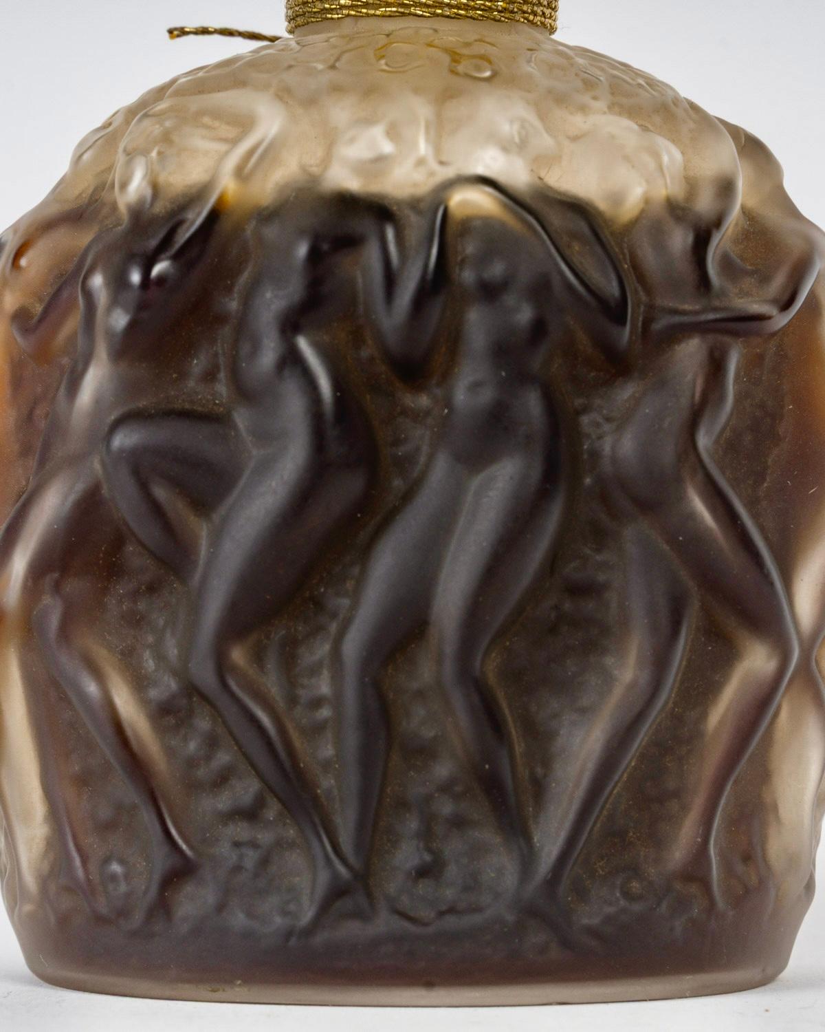 Molded 1937 Rene Lalique Perfume Bottle Calendal for Molinard Glass Sepia Patina