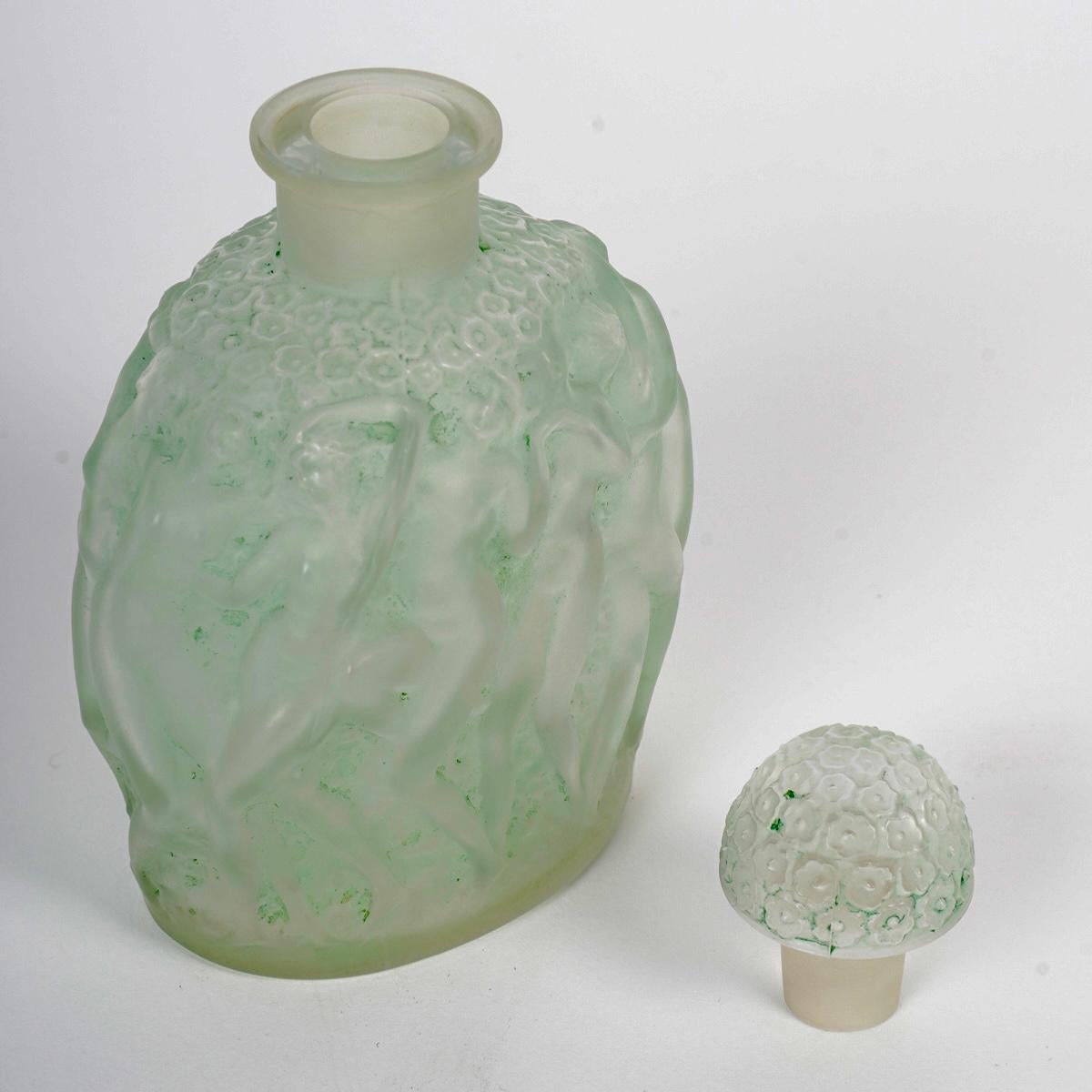 Art Deco 1937 Rene Lalique Perfume Bottle Calendal for Molinard Glass with Green Patina For Sale
