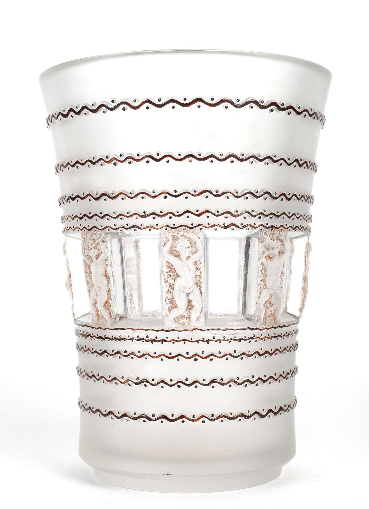French 1937 René Lalique Vase Florence Frosted Glass Sepia Stain Brown Enamel Cherubs