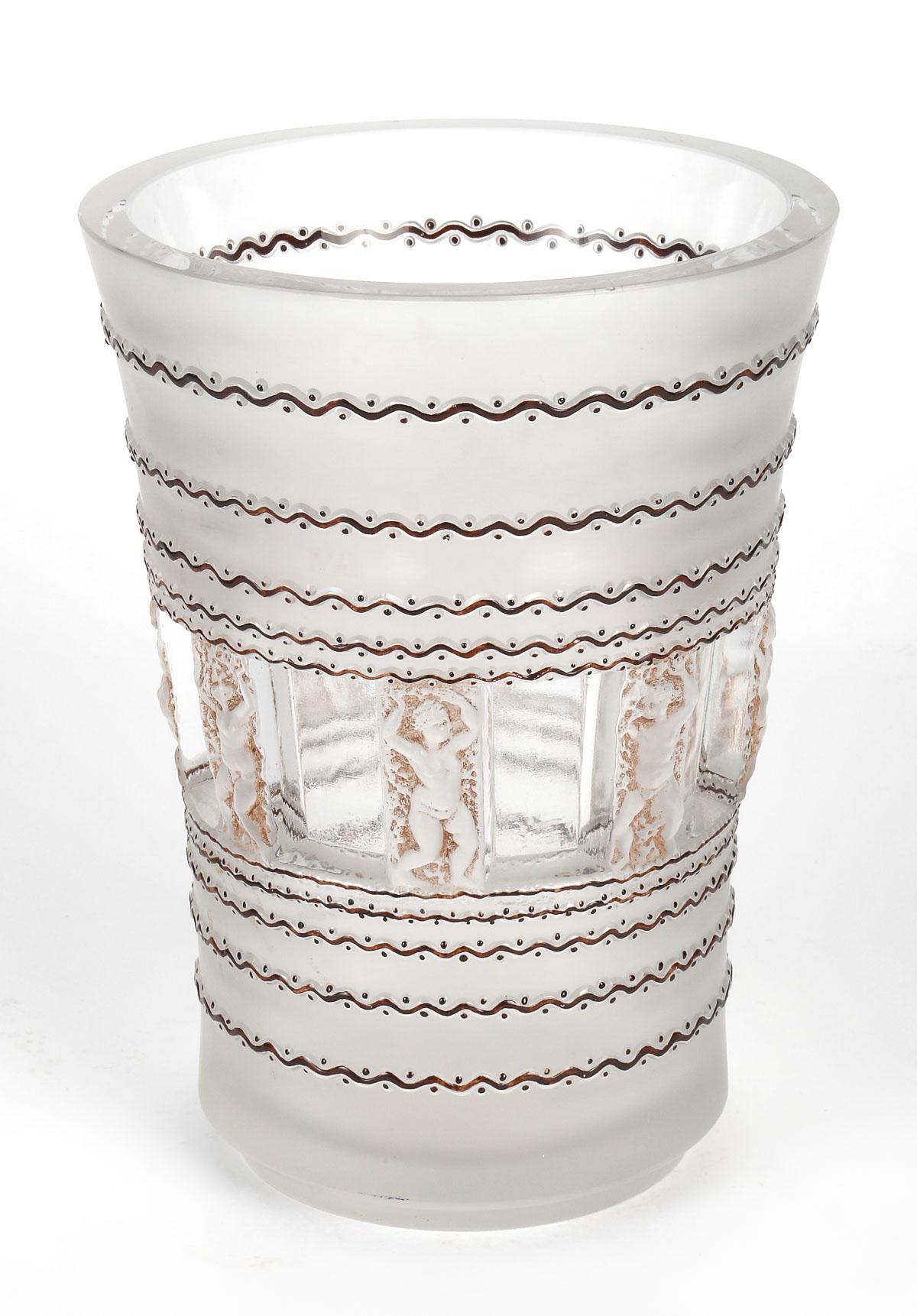 Molded 1937 René Lalique Vase Florence Frosted Glass Sepia Stain Brown Enamel Cherubs