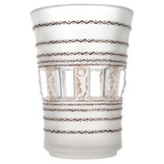 1937 René Lalique Vase Florence Frosted Glass Sepia Stain Brown Enamel Cherubs 
