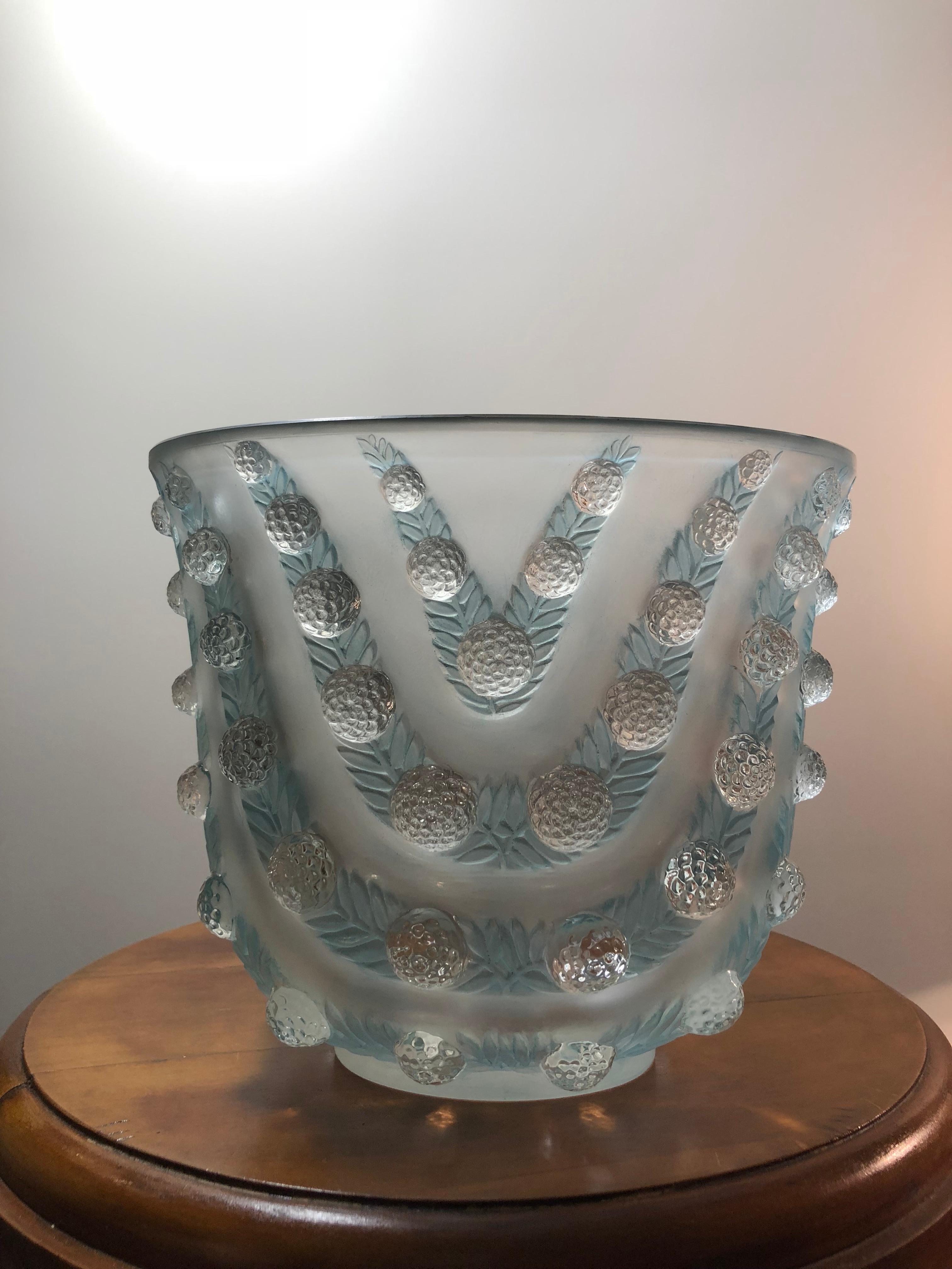 Molded 1937 René Lalique Vichy Vase in Frosted and Blue Stained Glass, Flowers