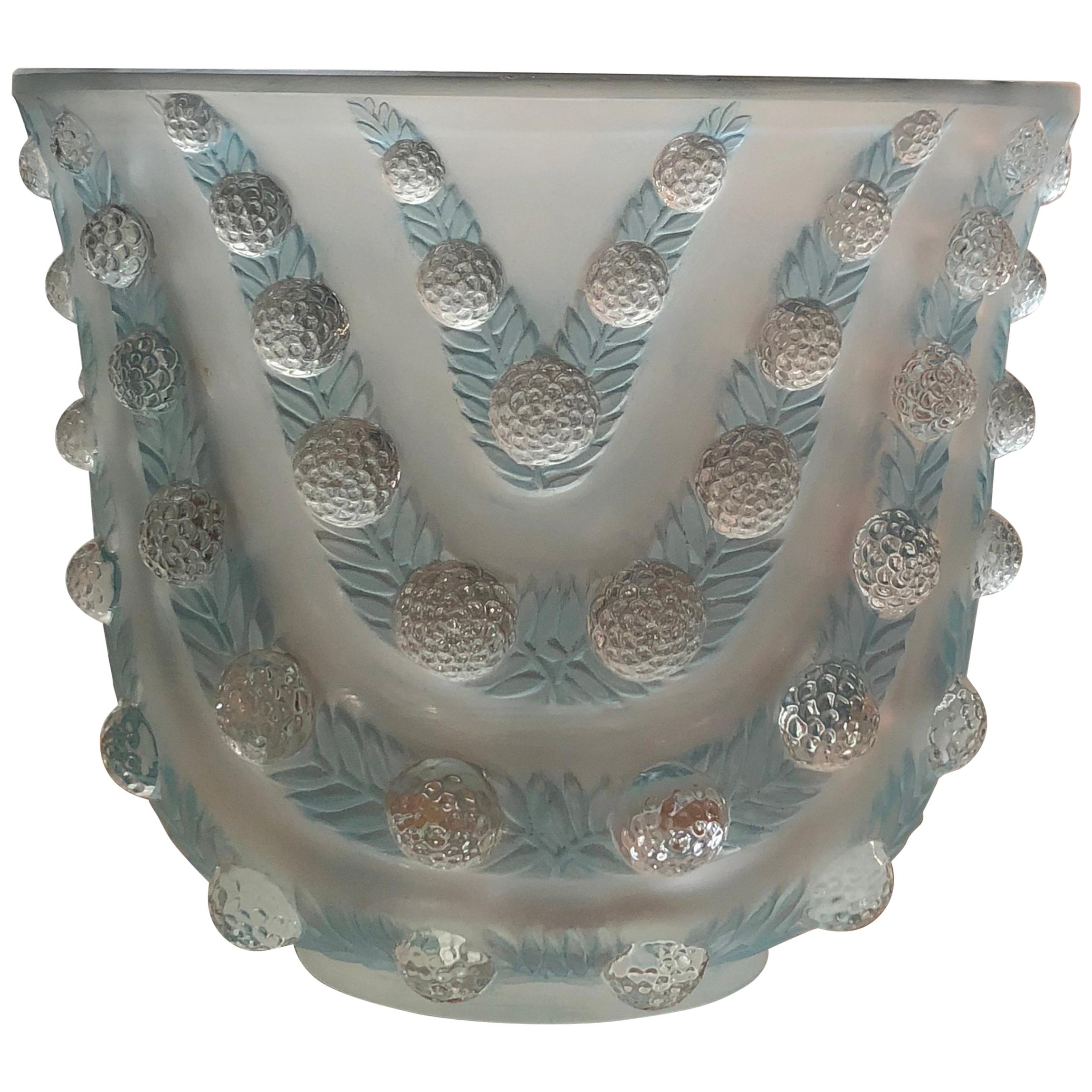 1937 René Lalique Vichy Vase in Frosted and Blue Stained Glass, Flowers
