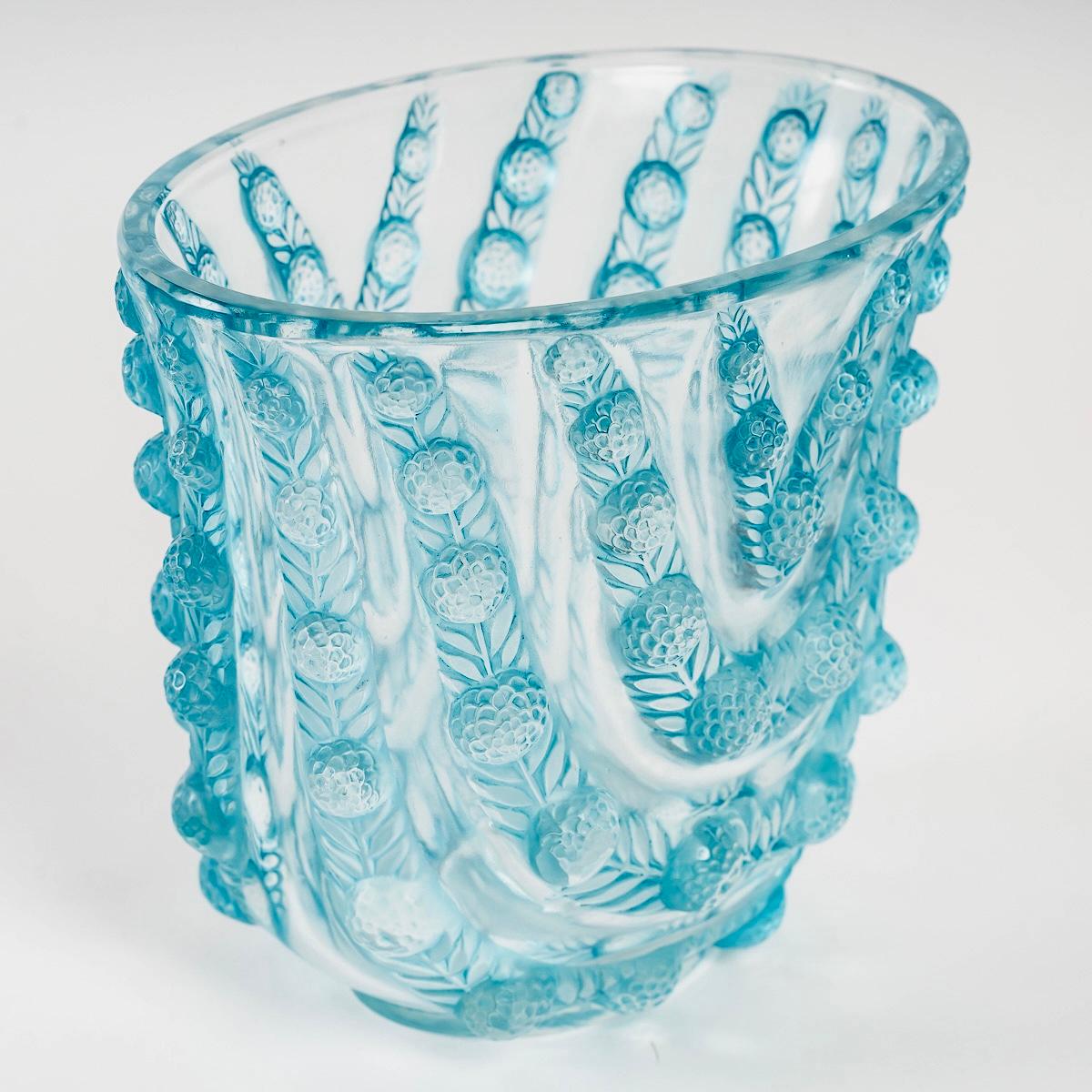 Art Deco 1937 René Lalique Vichy Vase in Glass with Blue Patina, Flowers