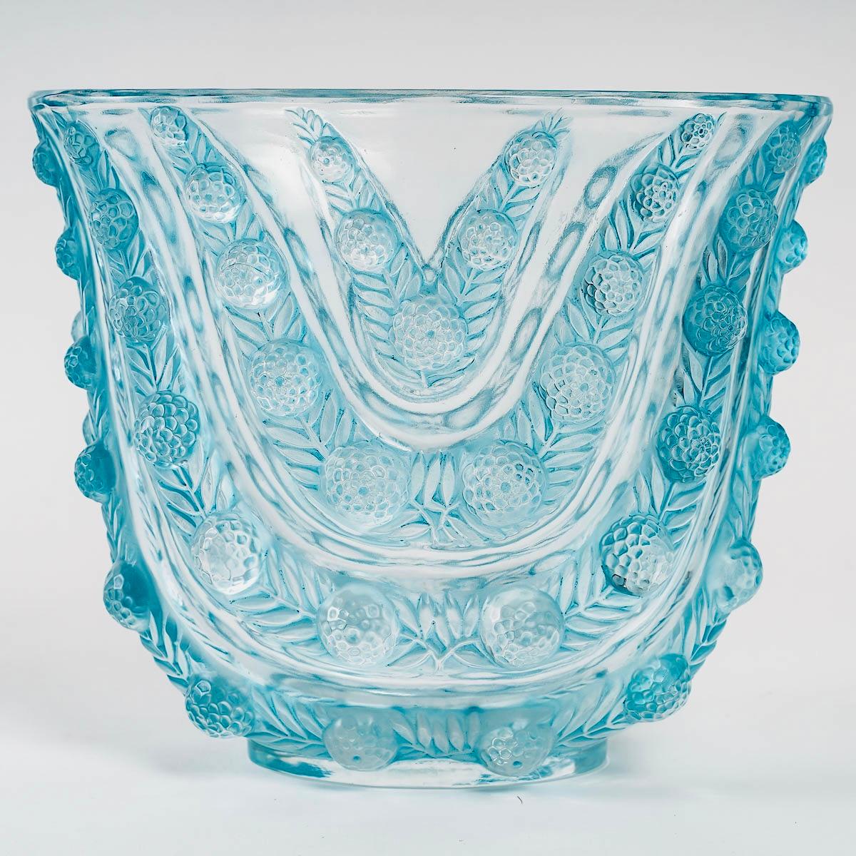 Molded 1937 René Lalique Vichy Vase in Glass with Blue Patina, Flowers