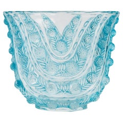 1937 René Lalique Vichy Vase in Glass with Blue Patina, Flowers