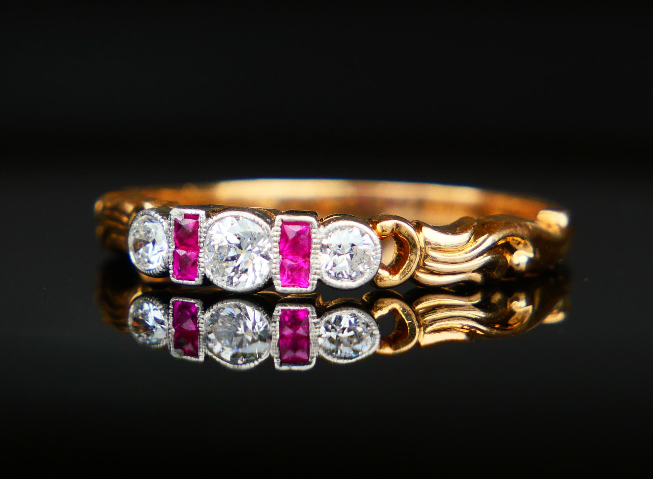 Art déco 1937 Bague Diamant naturel Rubis Or jaune 18K Platine  8.75US / 3.3gr en vente