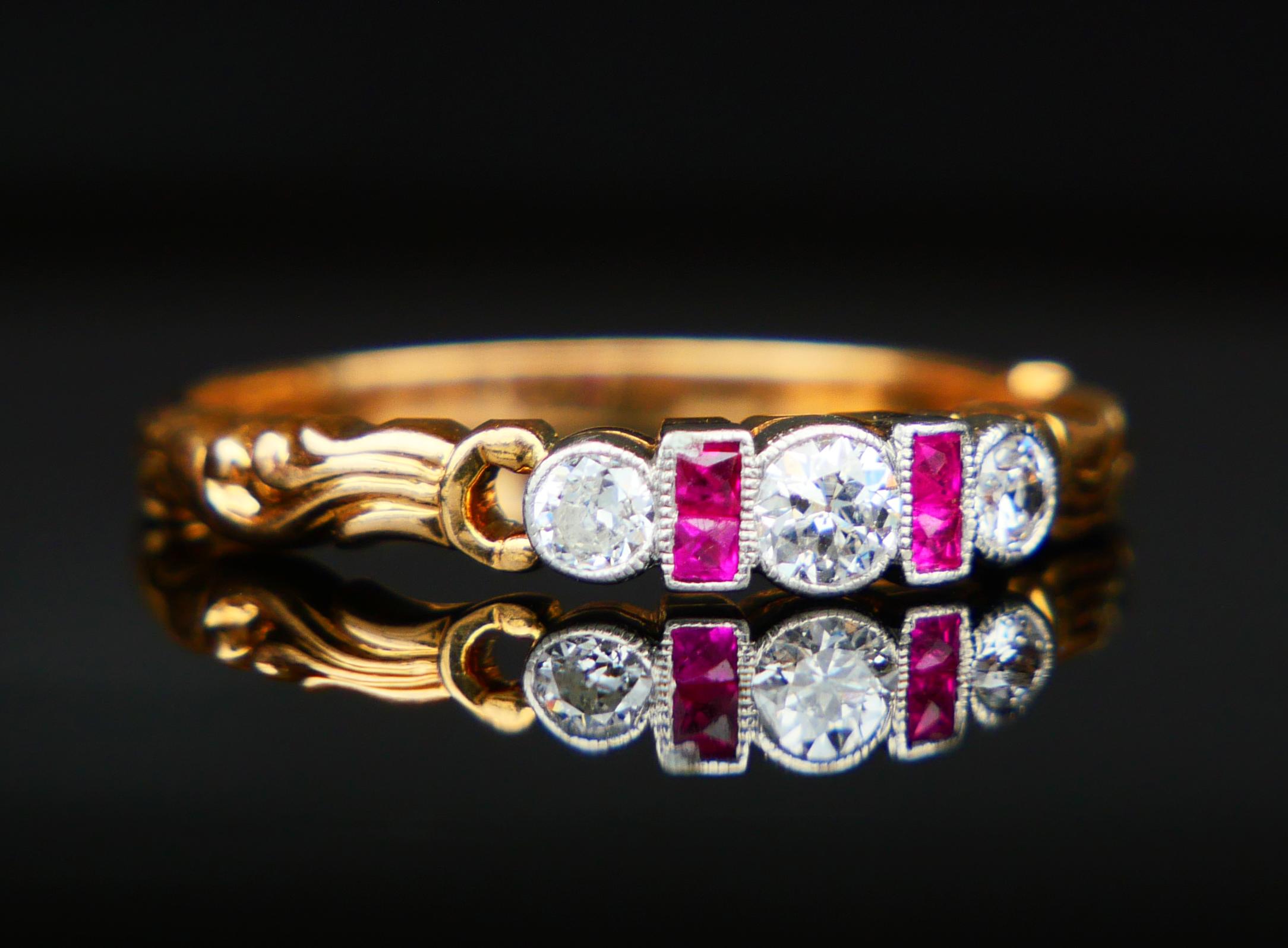 Taille vieille Europe 1937 Bague Diamant naturel Rubis Or jaune 18K Platine  8.75US / 3.3gr en vente