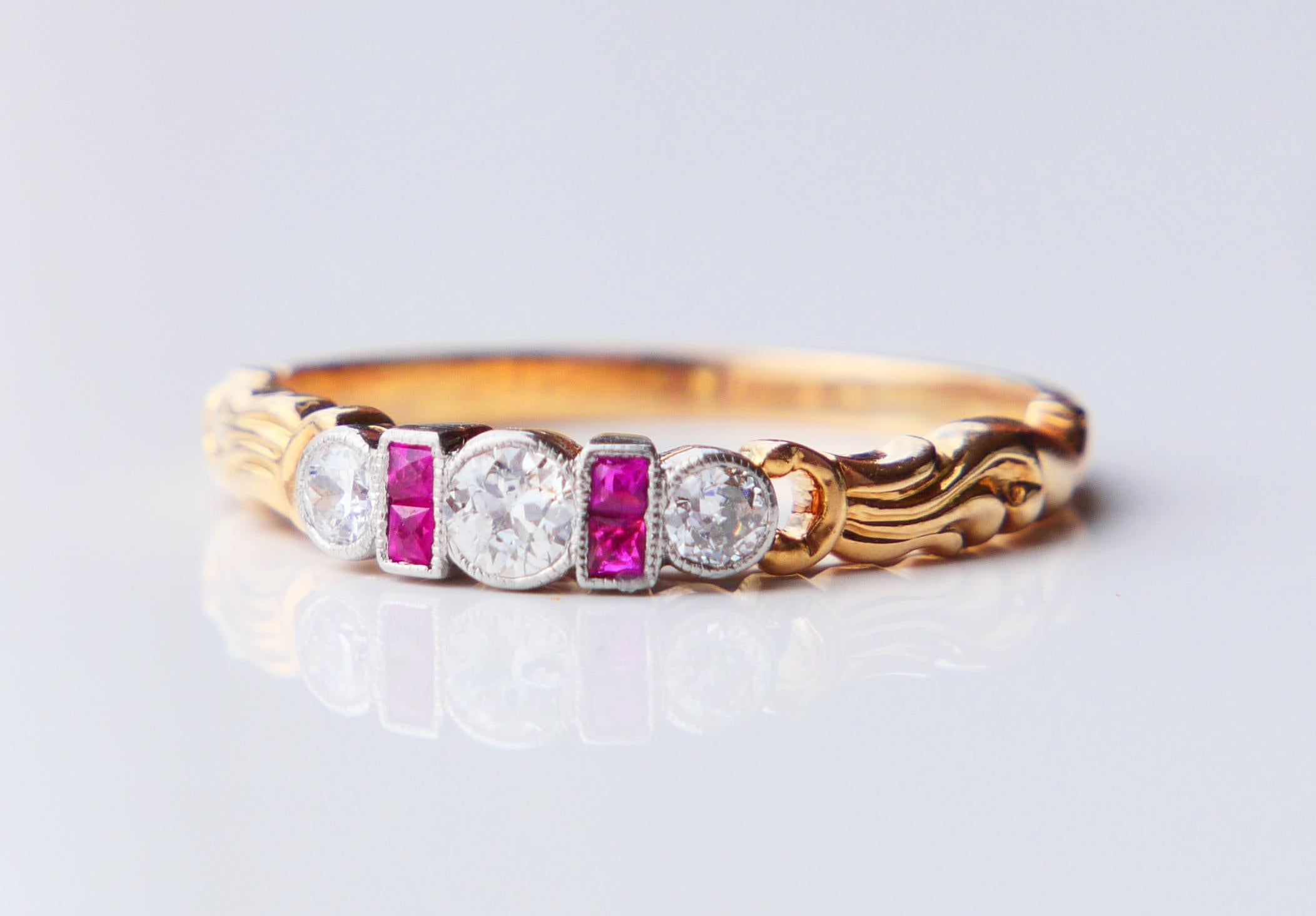 1937 Bague Diamant naturel Rubis Or jaune 18K Platine  8.75US / 3.3gr en vente 3