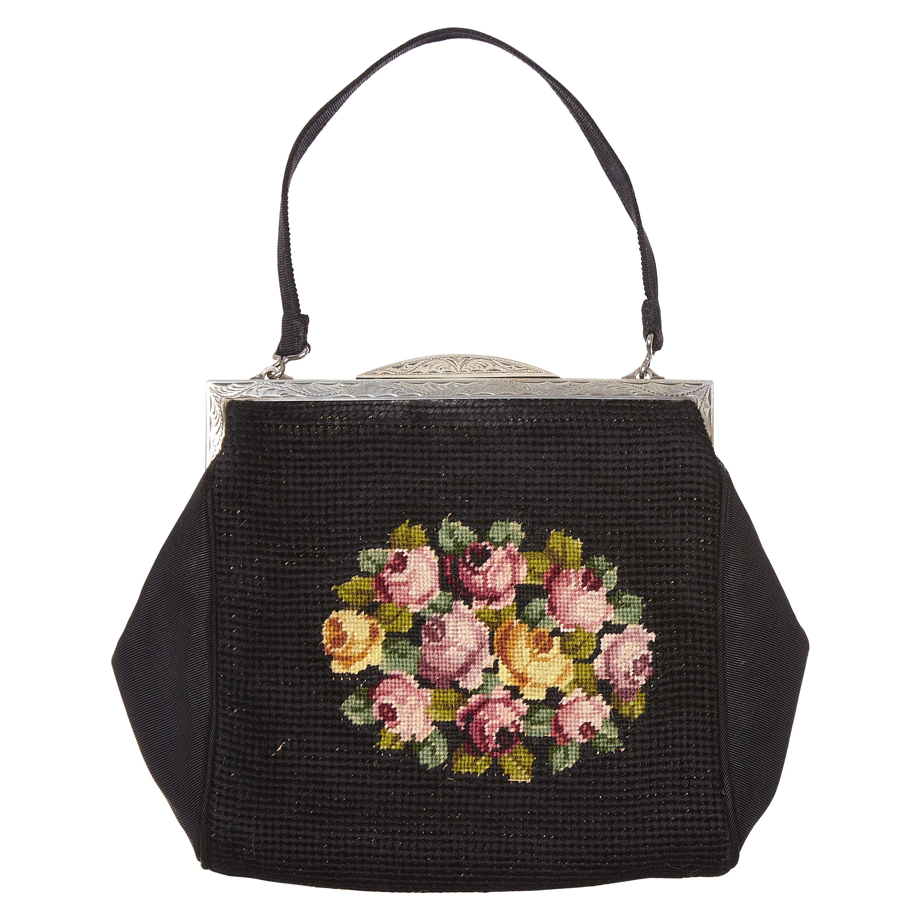 Sac à aiguille de tapisserie Marcasite et argent sterling de 1937