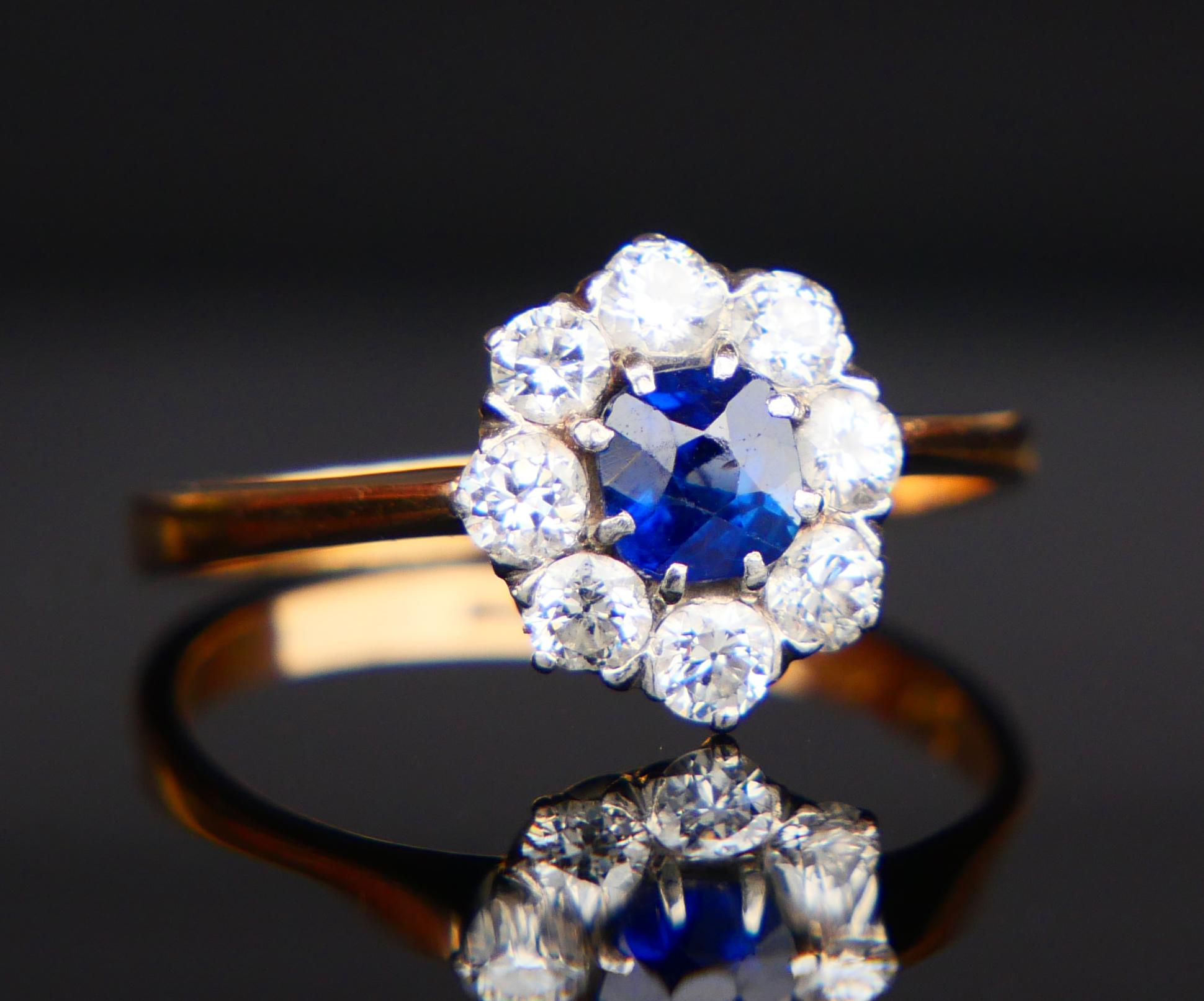 1938 Halo Ring natural 0.45 ct Sapphire ctw. 0.65ctw Diamonds 18K Gold/ØUS8/2.9g For Sale 6