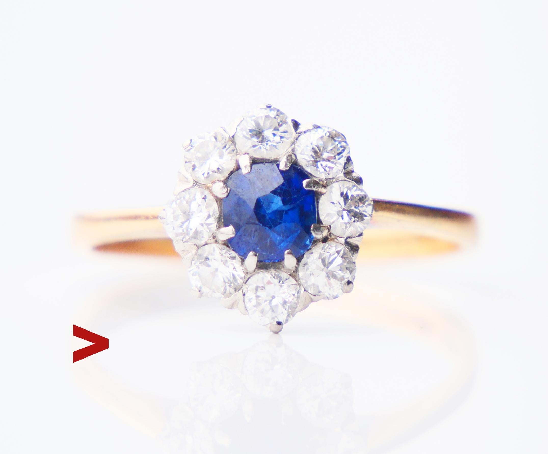 Beautiful Halo Ring in solid 18K Yellow Gold with natural Blue Sapphire and 8 Diamonds in White Gold / or Platinum settings.

Floret/ crown measures Ø 11 mm x 4.5 mm deep.
Natural Sapphire of old European diamond cut, color is medium Blue,