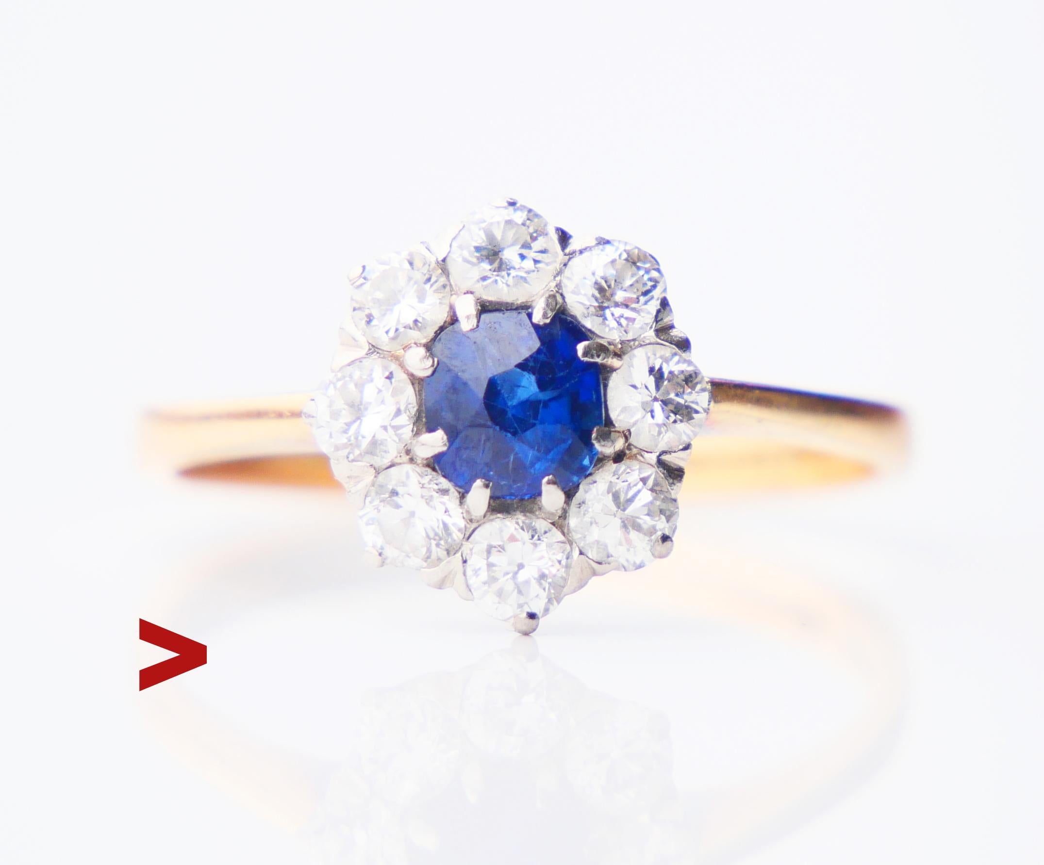 Bellissimo anello aureola in oro giallo massiccio 18 carati con zaffiro blu naturale e 8 diamanti con montatura in oro bianco o platino.

Il fiore/corona misura Ø 11 mm x 4,5 mm di profondità.
Zaffiro naturale di vecchio taglio europeo, colore blu