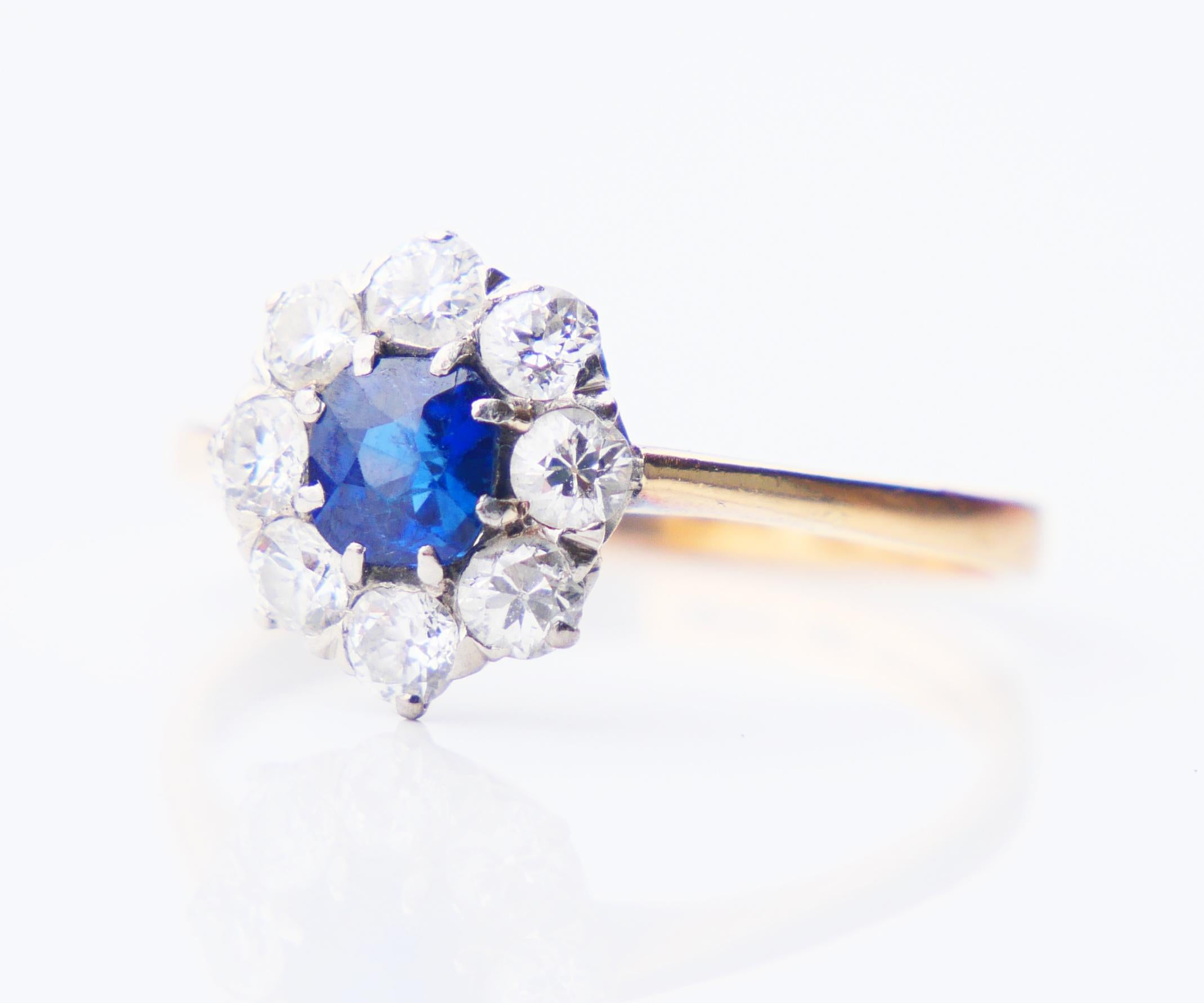 Retro 1938 Halo Ring natural 0.45 ct Sapphire ctw. 0.65ctw Diamonds 18K Gold/ØUS8/2.9g For Sale