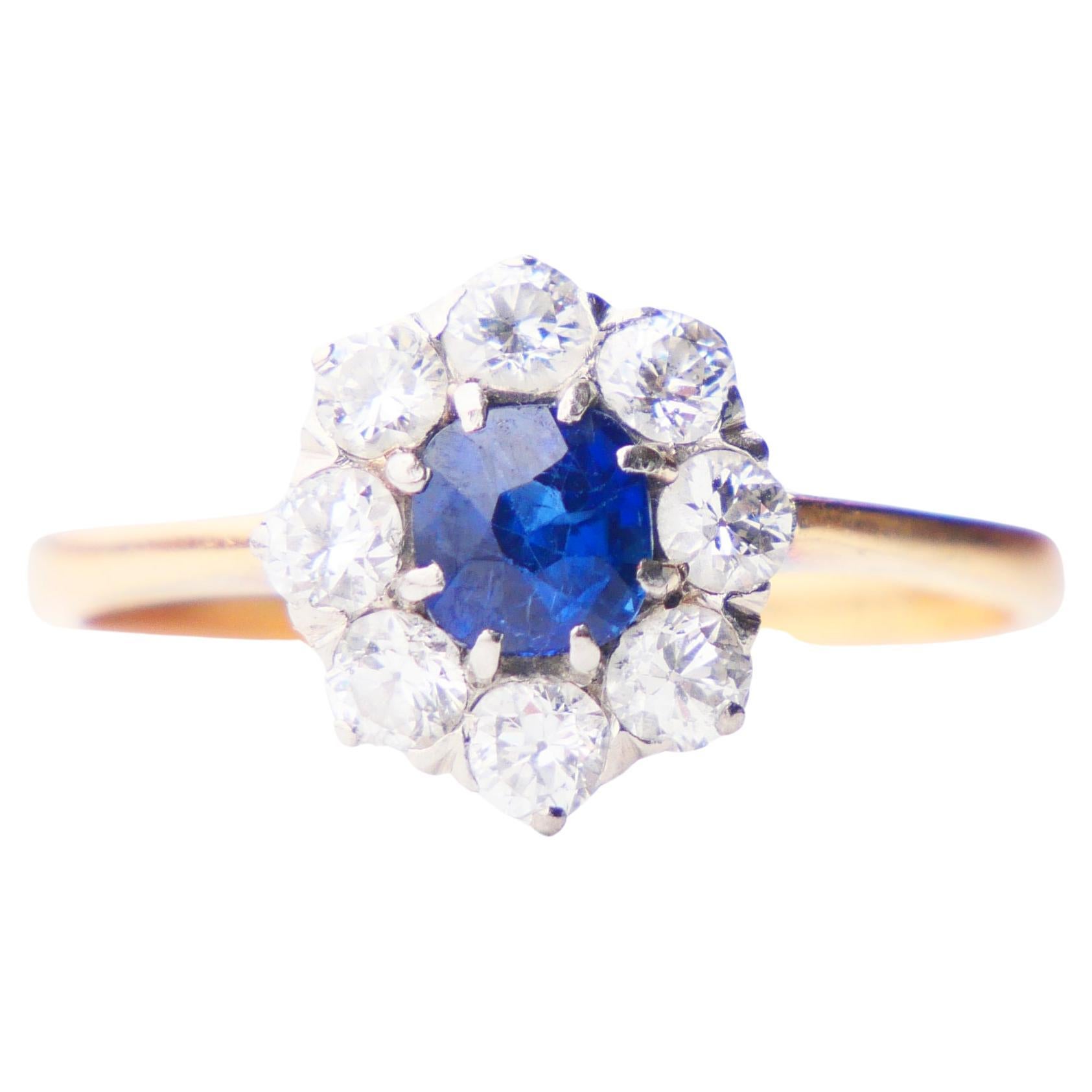 1938 Halo Ring natural 0.45 ct Sapphire ctw. 0.65ctw Diamonds 18K Gold/ØUS8/2.9g