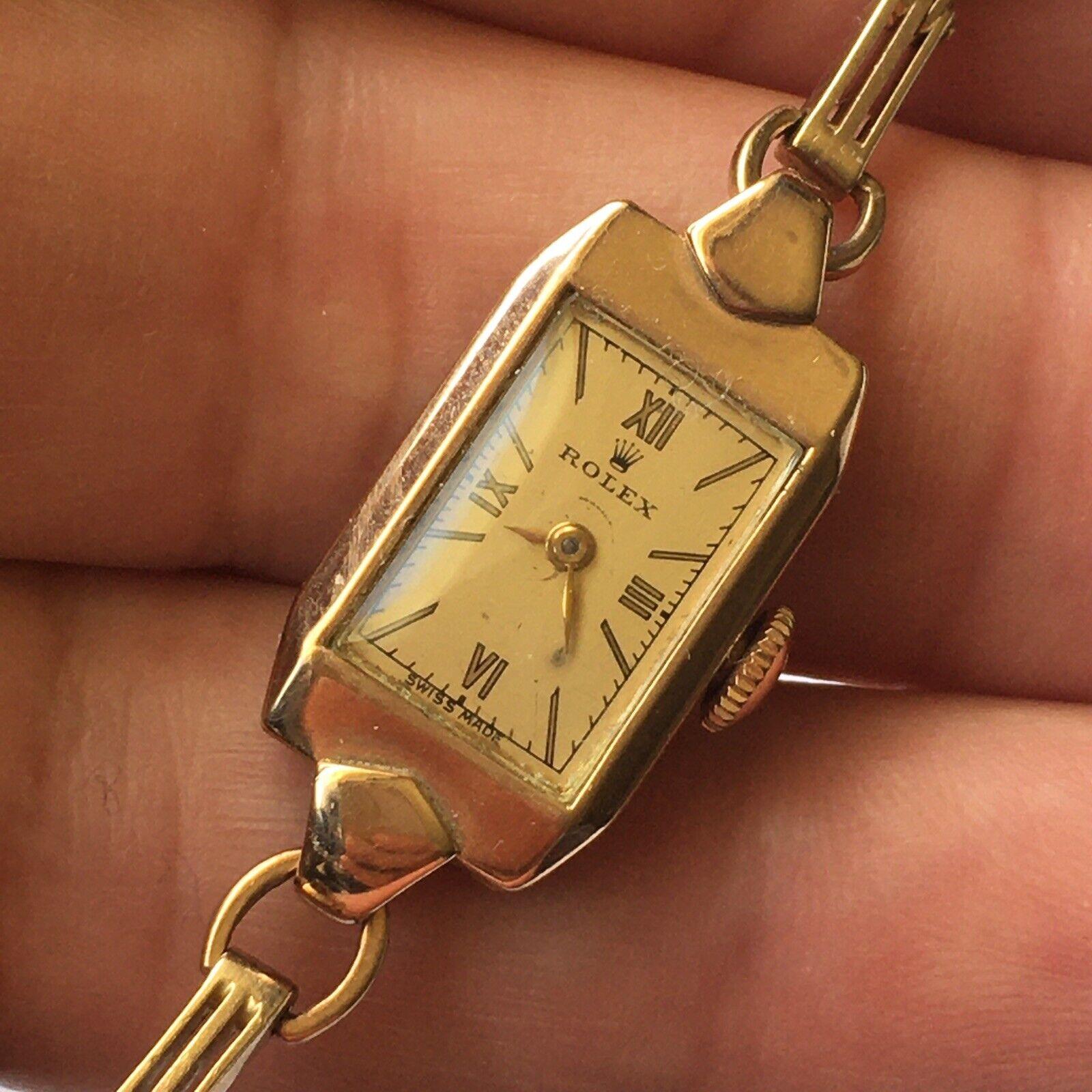 Montre mécanique Rolex pour femme de 1938 en or jaune 9 carats marquée d'usine, boîtier et fonctionnement en vente 4