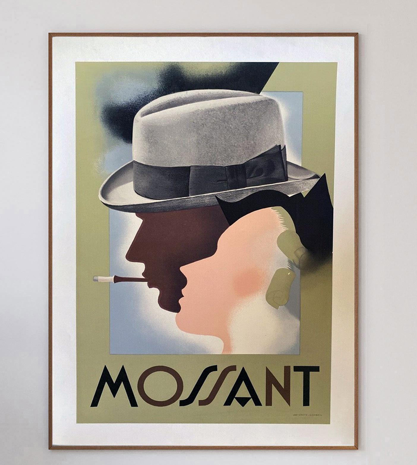 A stunning art deco poster advertising the famous French hat brand Mossant. Founded in the 19th century, Mossant became very well established in both Europe and the United States in the early to mid 20th century. This poster was designed by the