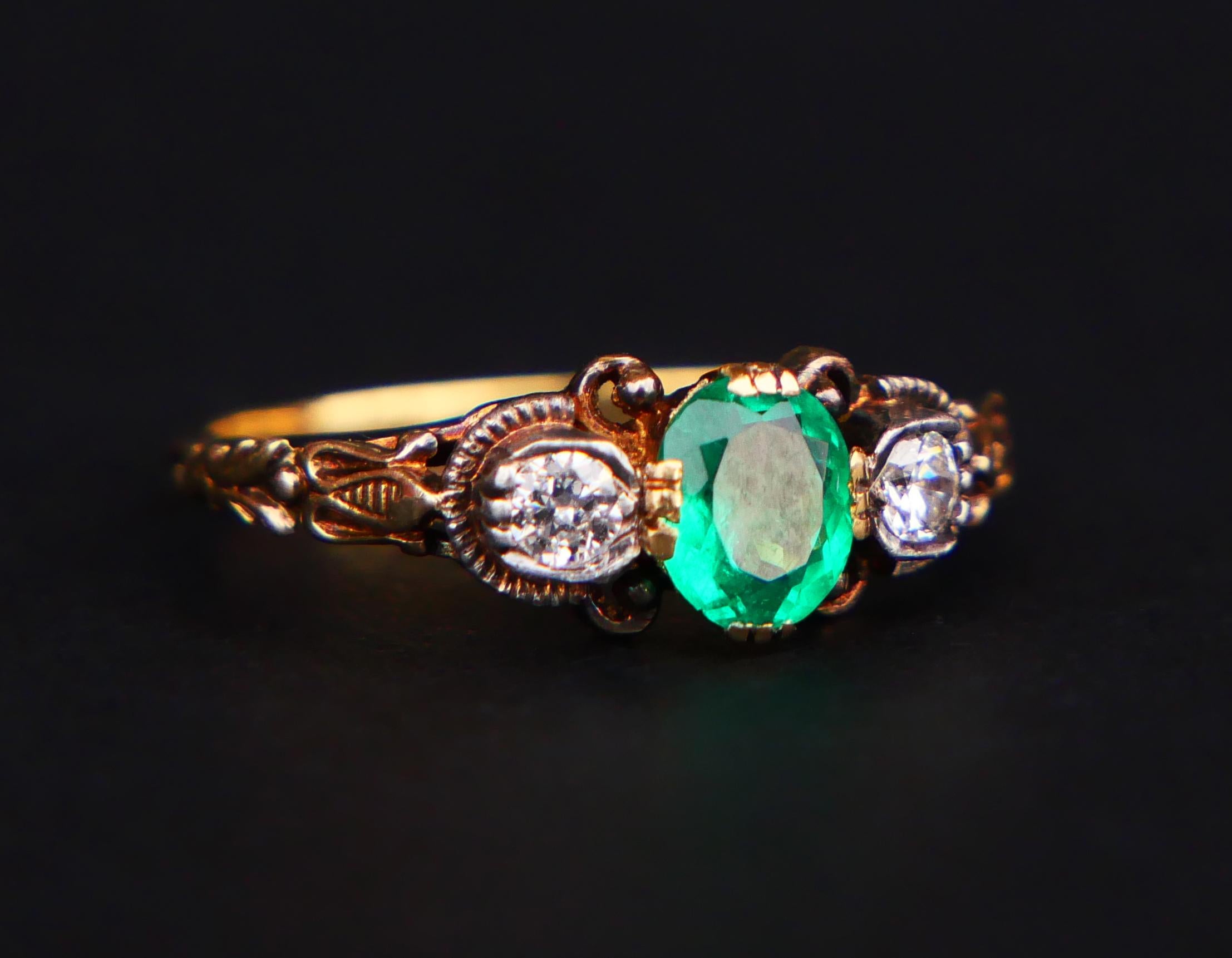 Art Deco 1938 Nordic Ring Emerald Diamond solid 18K Gold Silver Ø 6.5 US / 2.88gr For Sale