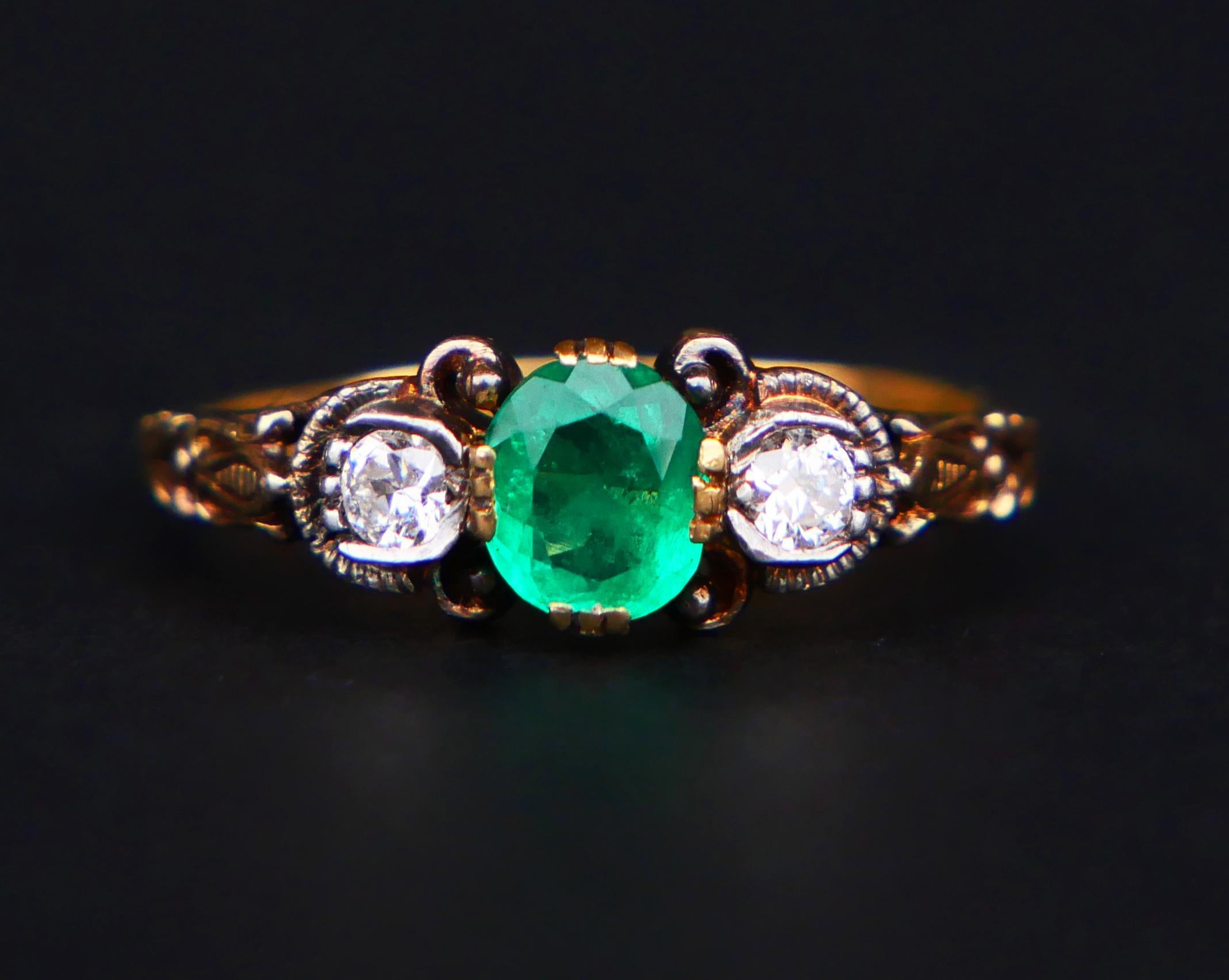 Cushion Cut 1938 Nordic Ring Emerald Diamond solid 18K Gold Silver Ø 6.5 US / 2.88gr For Sale