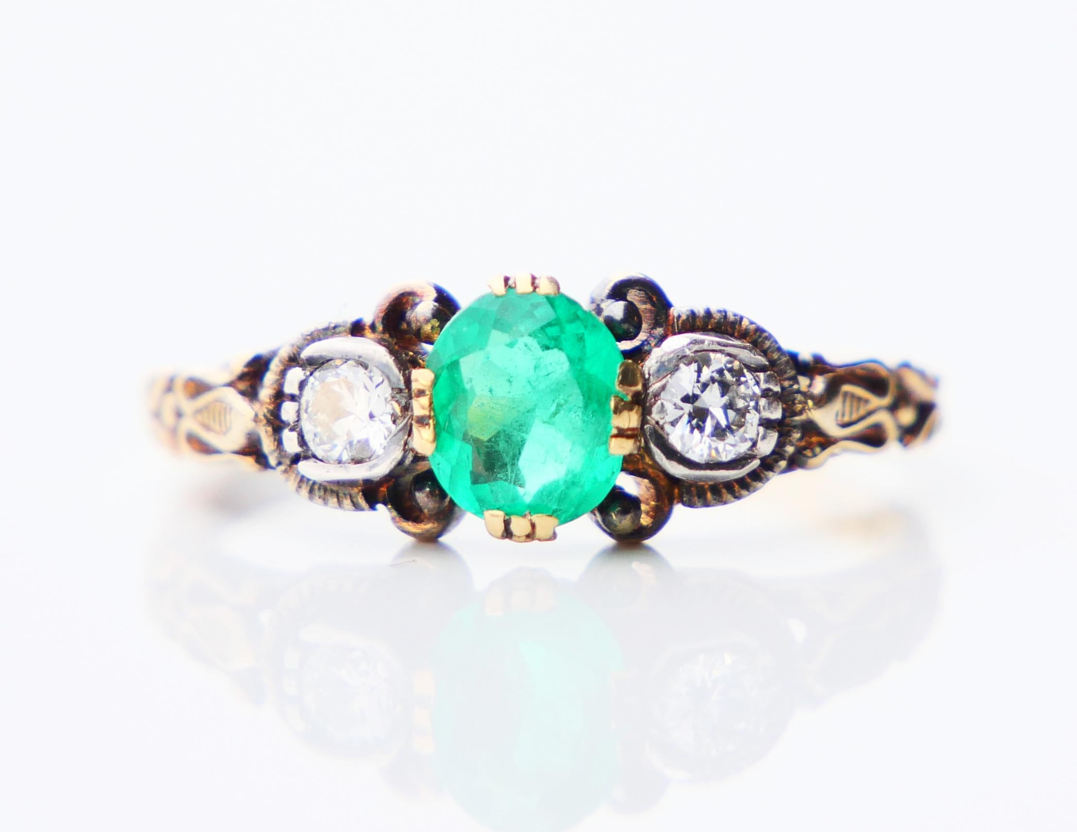 1938 Nordischer Ring Smaragd Diamant massiv 18K Gold Silber Ø 6.5 US / 2.88gr Damen im Angebot