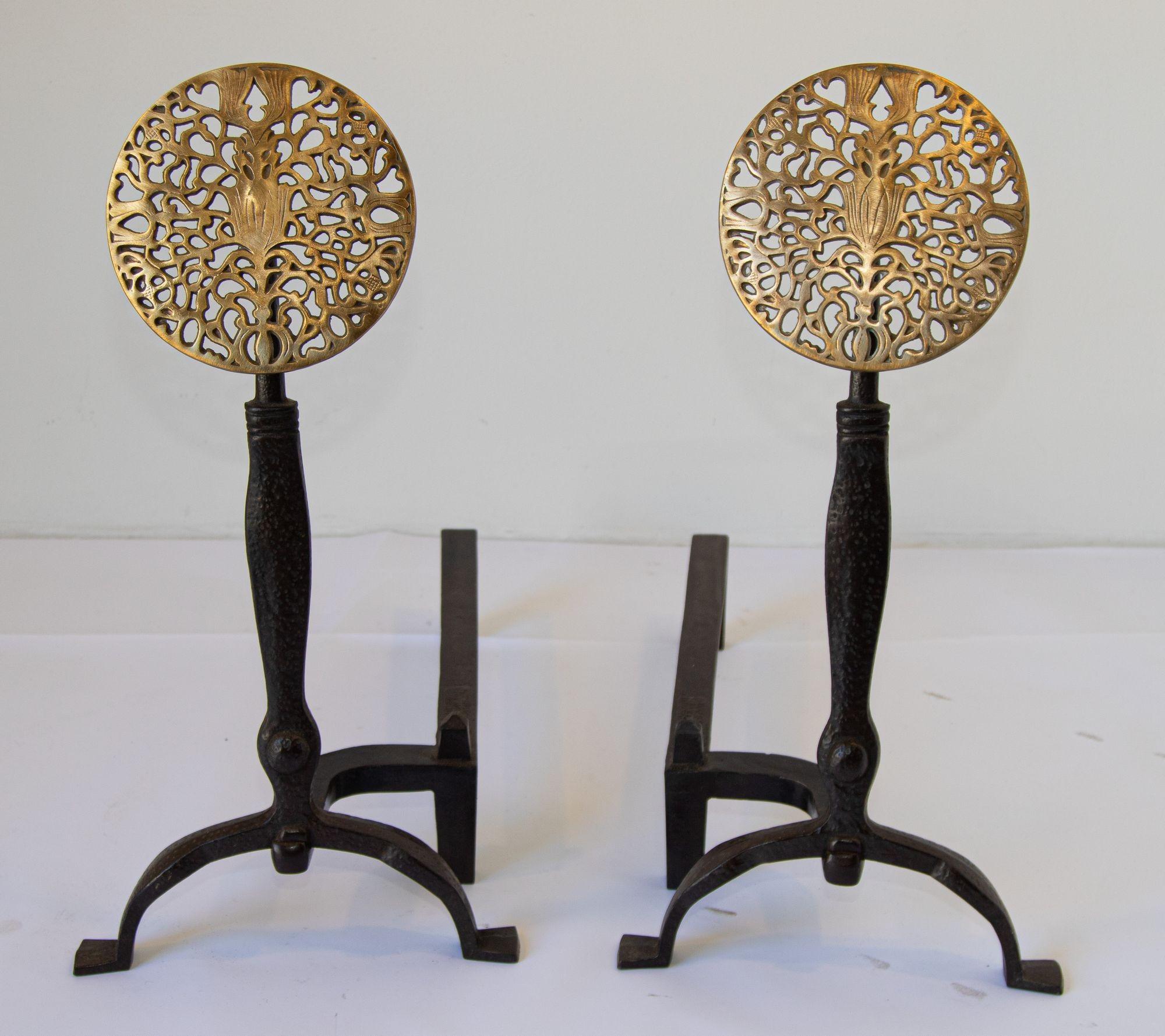 1938 Pair of Antique American Medallion Andirons by Virginia Metal Crafters For Sale 6