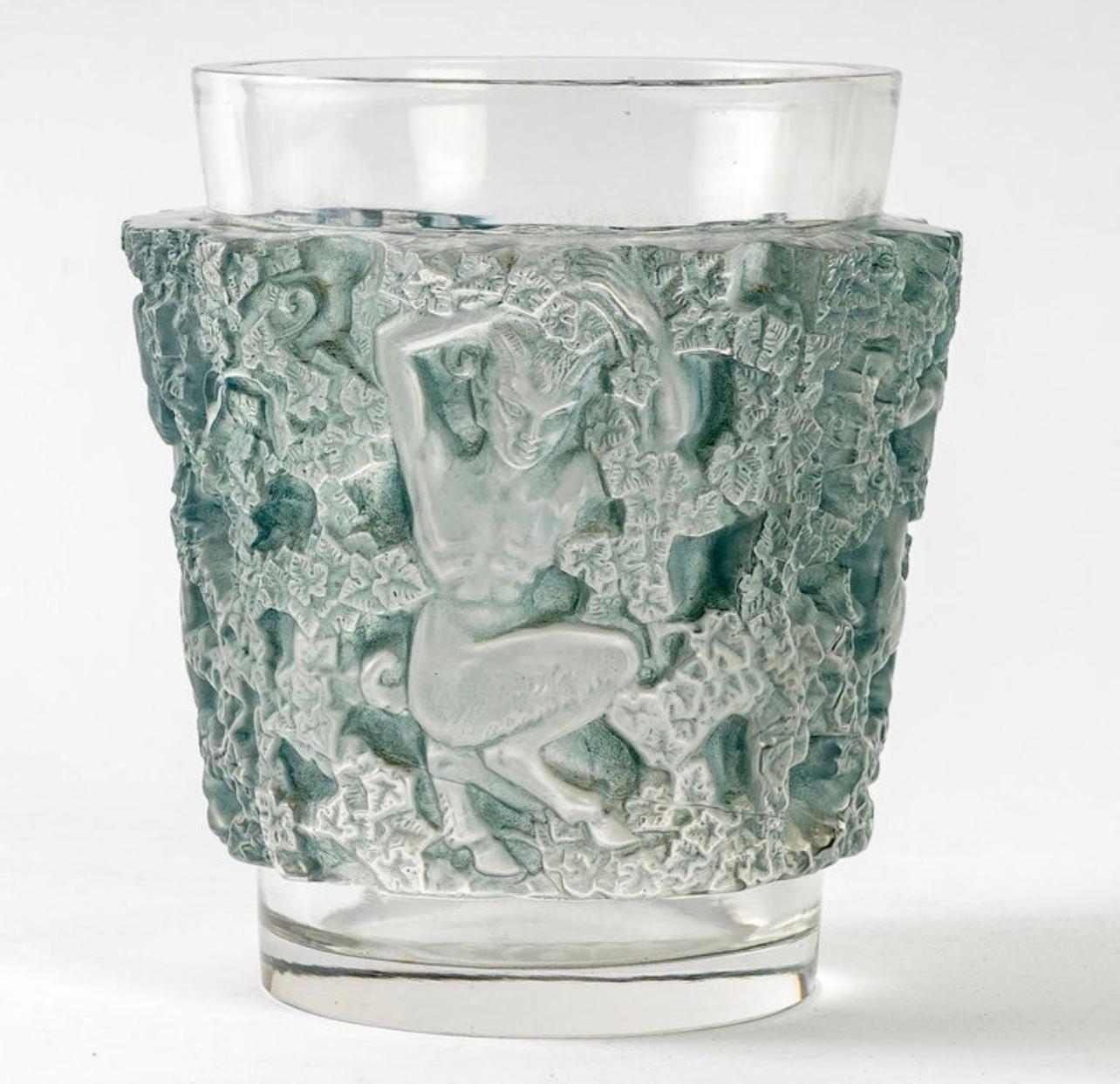 Art Deco 1938 René Lalique Bacchus Vase in Frosted Glass with Blue Patina
