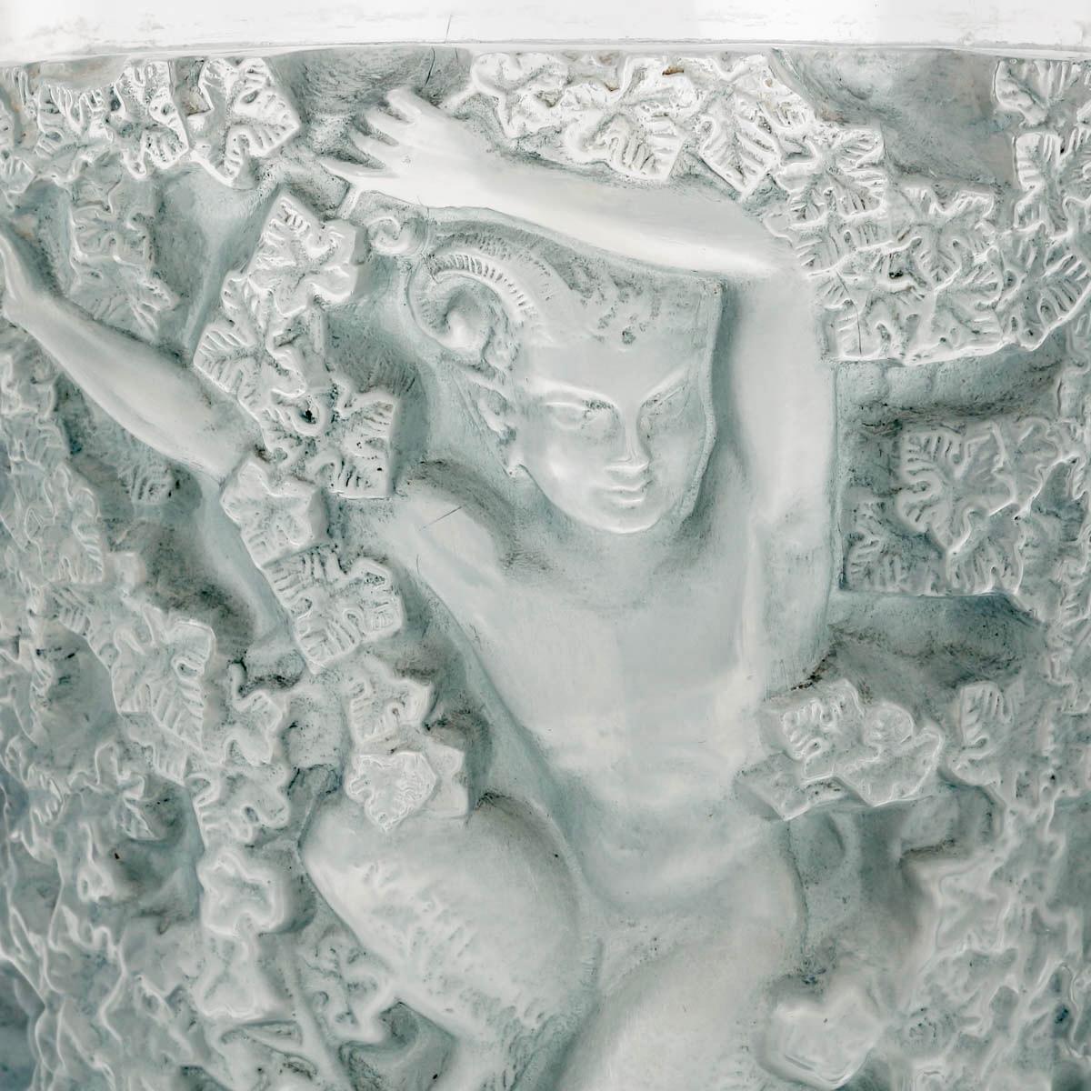Art Deco 1938 René Lalique Bacchus Vase in Frosted Glass with Blue Patina