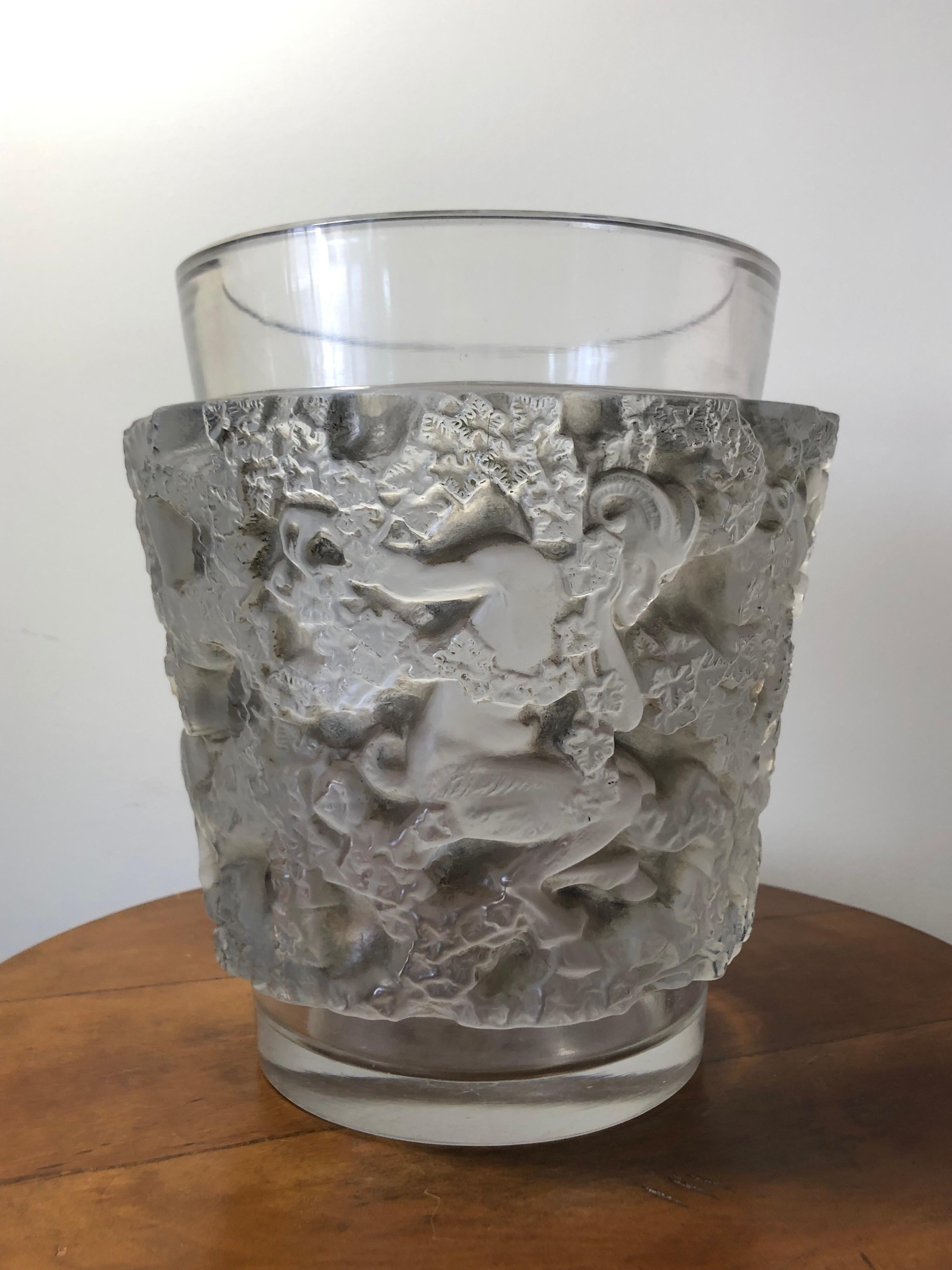 Art Deco 1938 René Lalique Bacchus Vase in Frosted Glass with Brown Sepia Stain