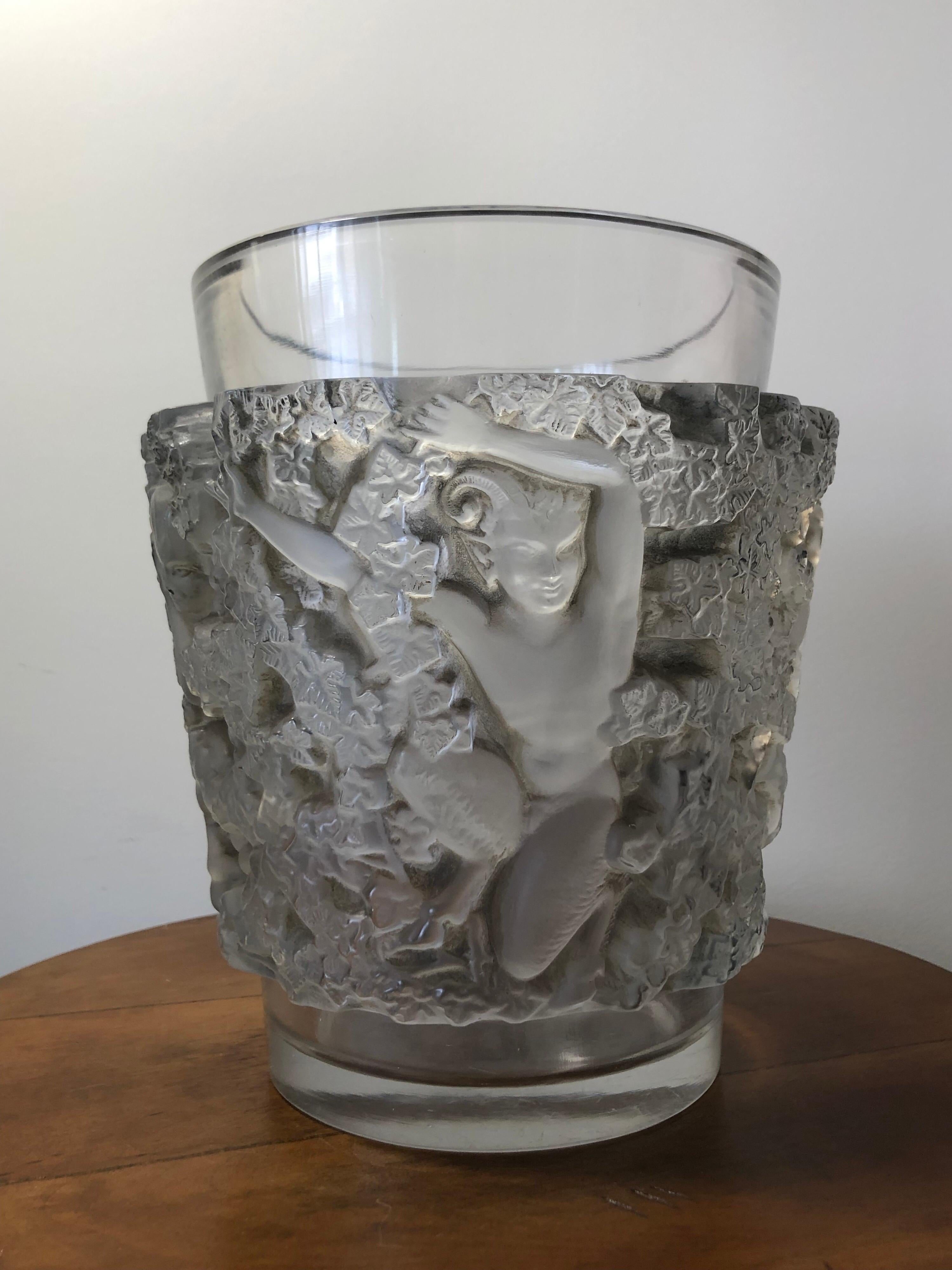 French 1938 René Lalique Bacchus Vase in Frosted Glass with Brown Sepia Stain