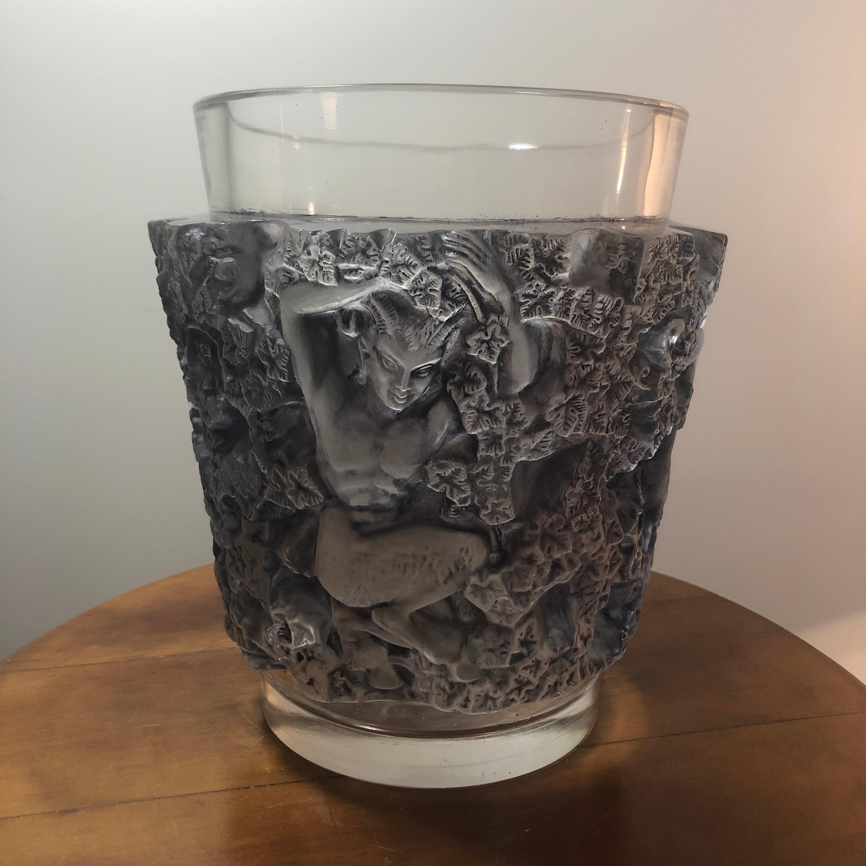 Molded 1938 René Lalique Bacchus Vase in Frosted Glass with Deep Blue Stain