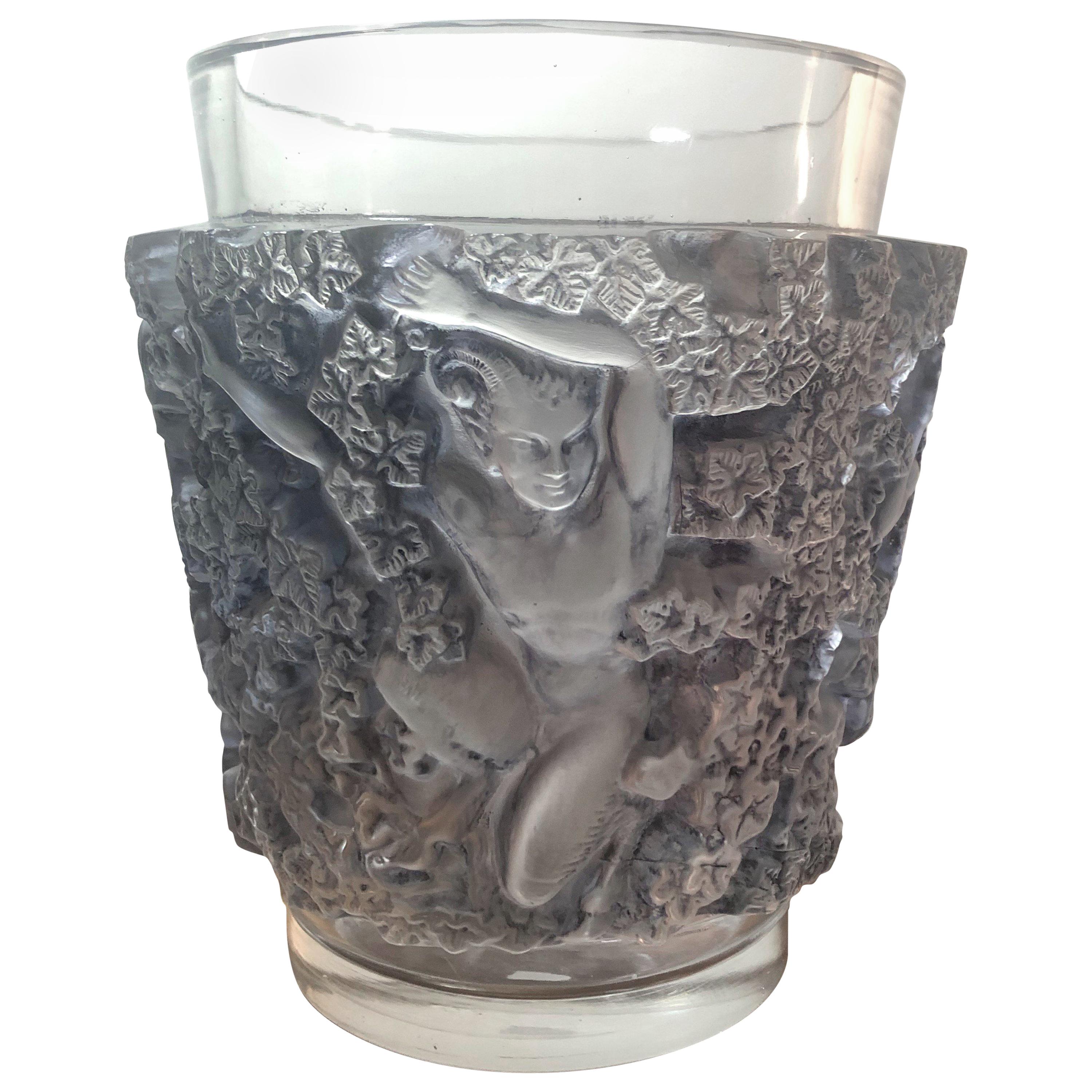 1938 René Lalique Bacchus Vase in Frosted Glass with Deep Blue Stain
